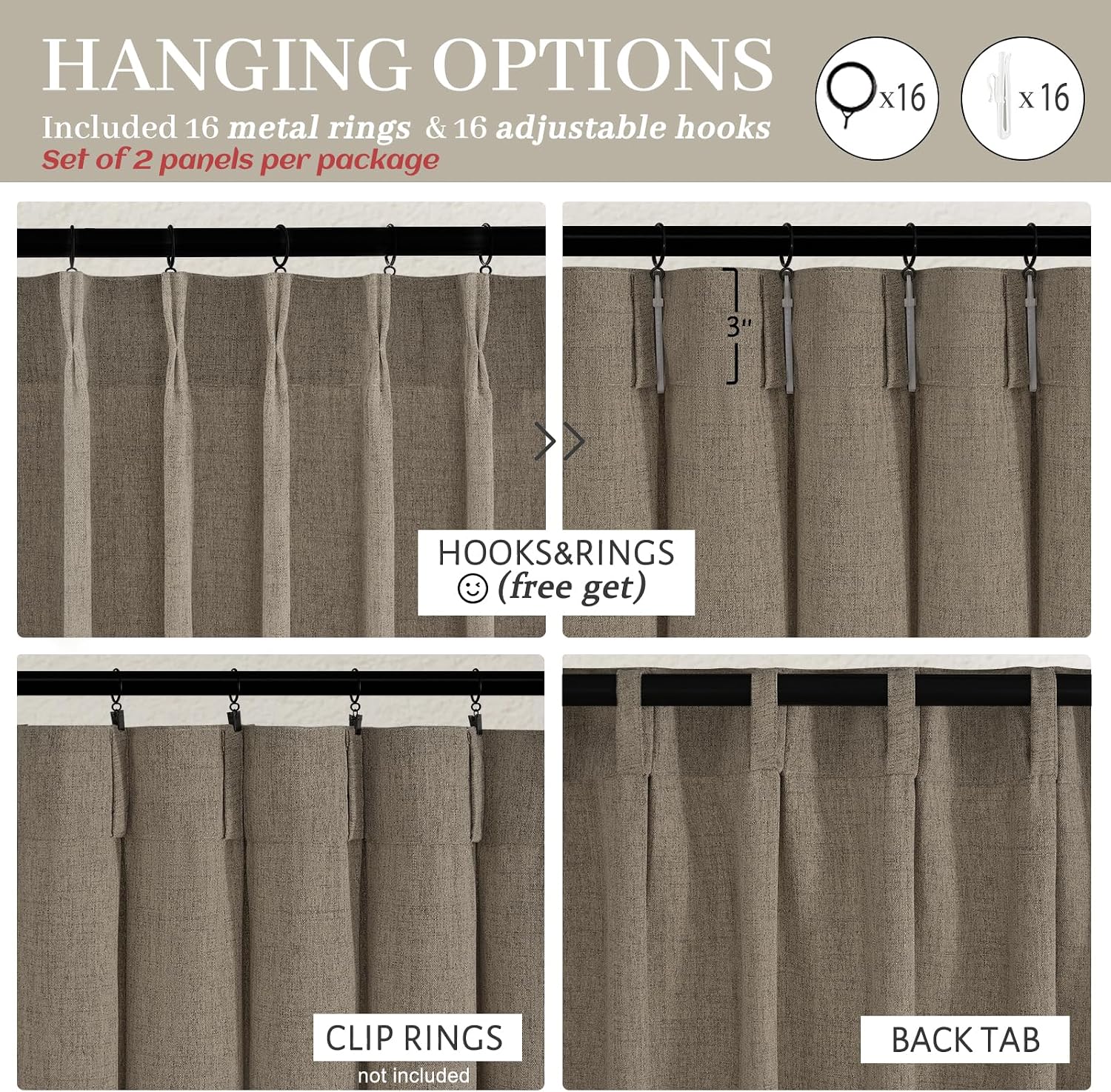 Detalle de Pinch Pleated Dark Flax Privacy Curtains: 105-Inch, 2 Panels, Light Filtering Linen Boho Elegance