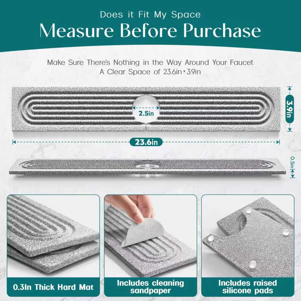 Detalle de eormoe EOR-SQ-S-23.6X3.9IN Diatomite Sink Faucet Mat, Dishwasher-Safe