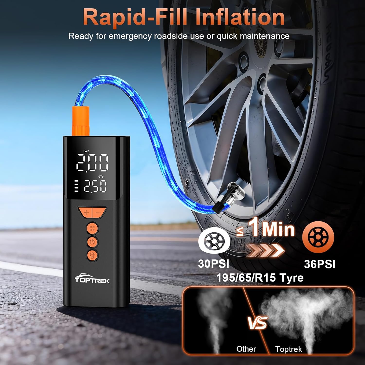 Thumbnail 1 de toptrek Cordless Tyre Inflator (150 PSI) with LED Light, Auto Shutoff & 4000mAh Power Bank