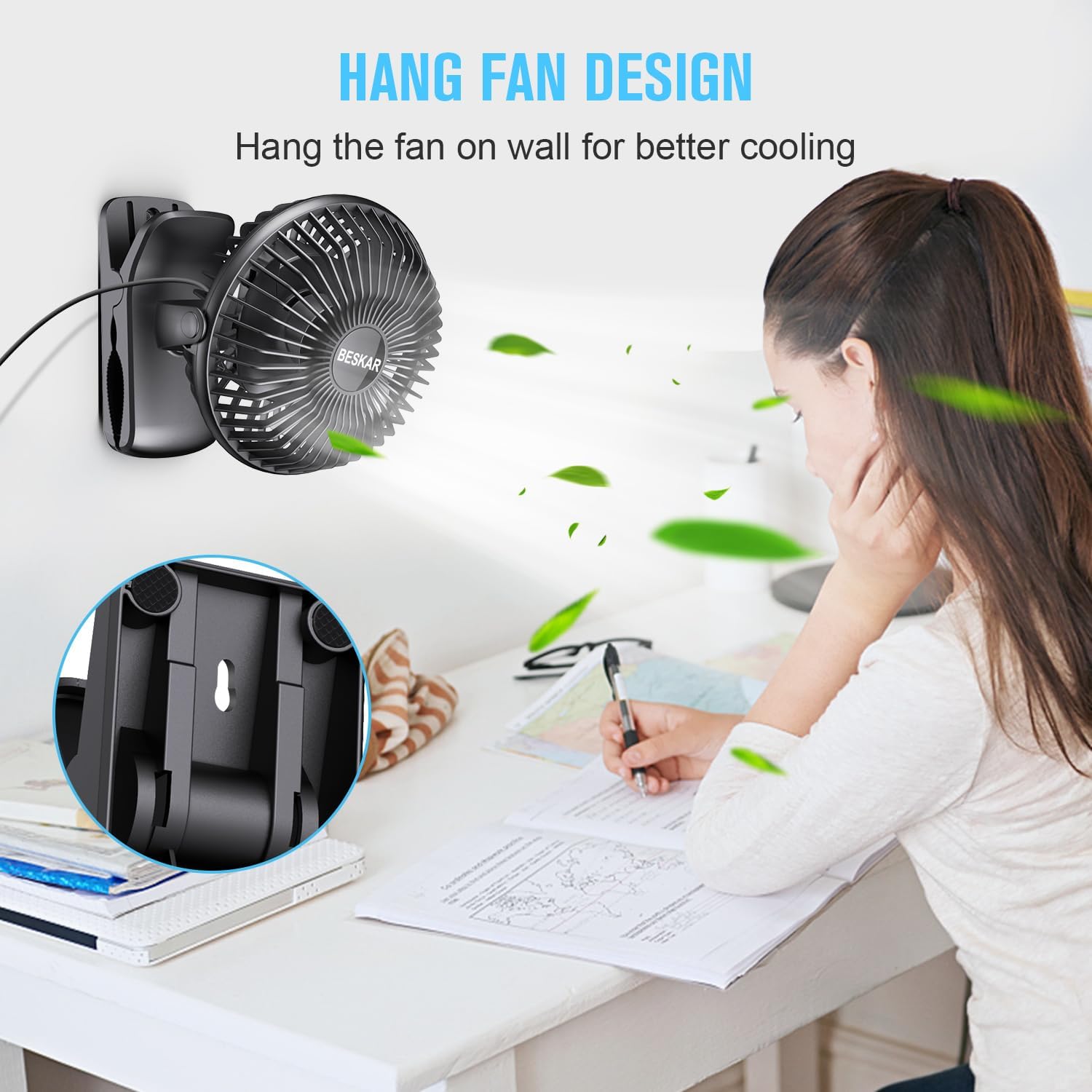 Detalle de BESKAR Small Clip on Fan: 3-Speed USB Clip & Desk Fan with Ultra-Quiet Airflow