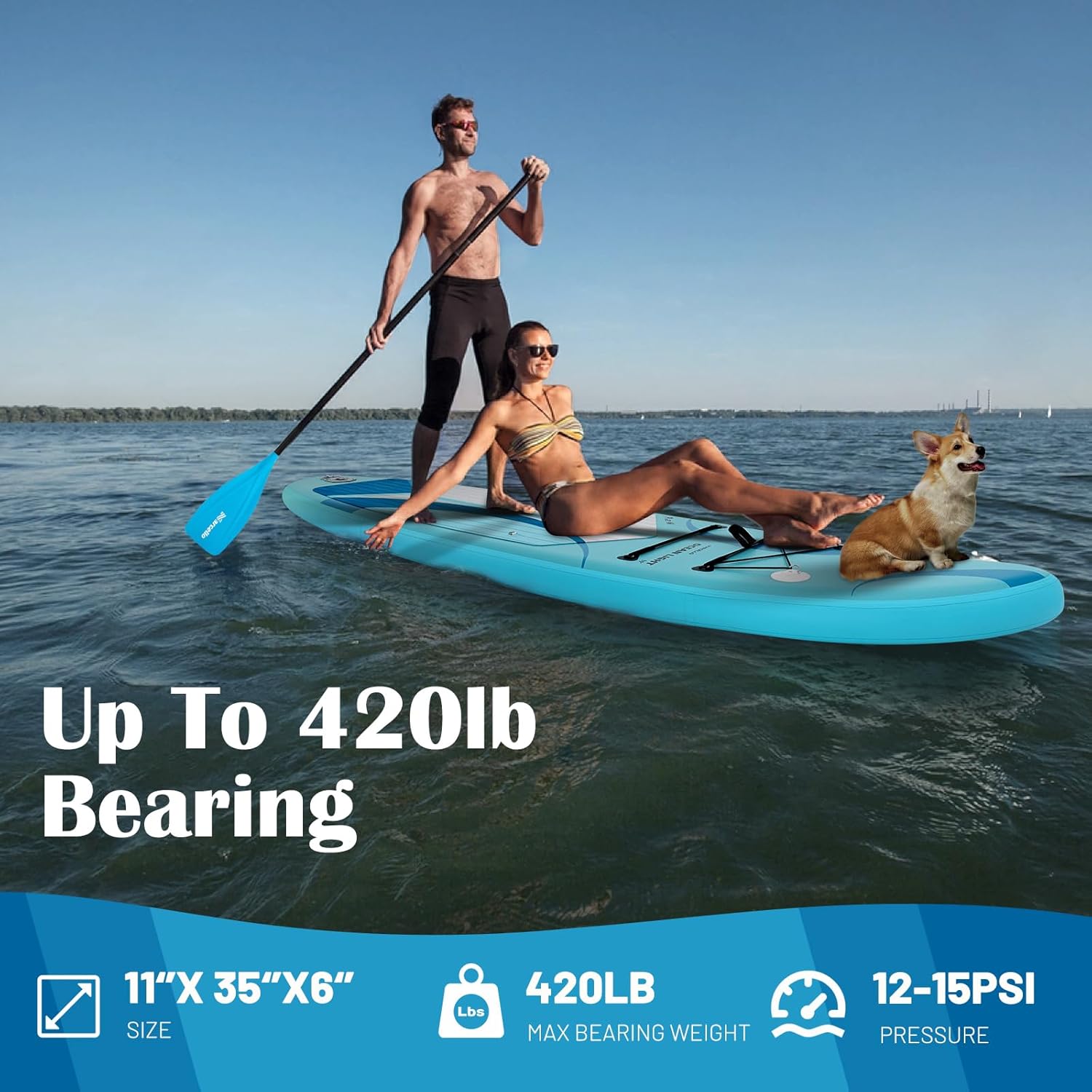 Detalle de 11’ Ultra-Wide Inflatable Paddle Board (11’ x 35” x 6”) by Amazon UK – stability for families, pets and gear