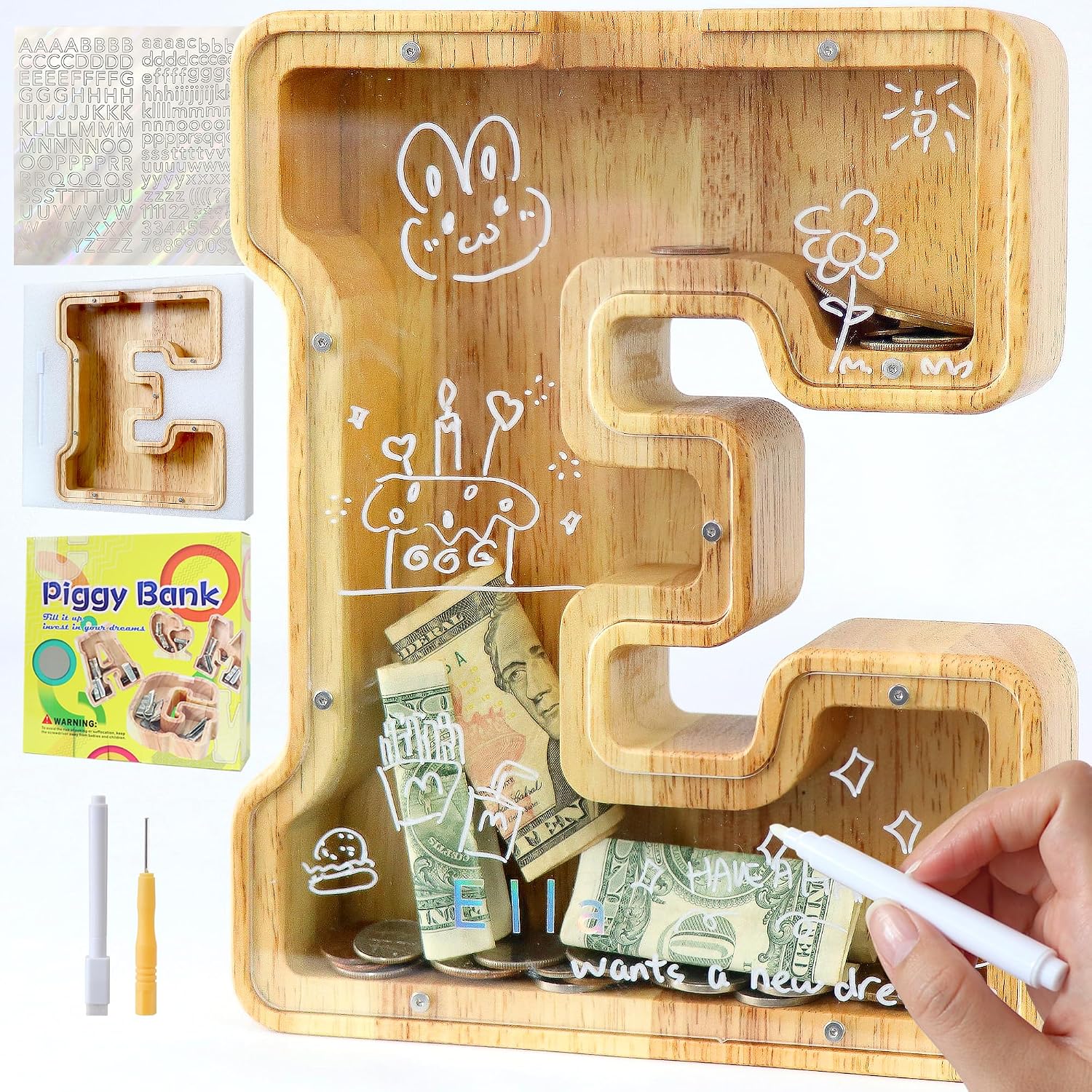 Mikytoper Letter Money Box for Kids – Large Wooden Alphabet Piggy Bank (A-Z) with Clear Front