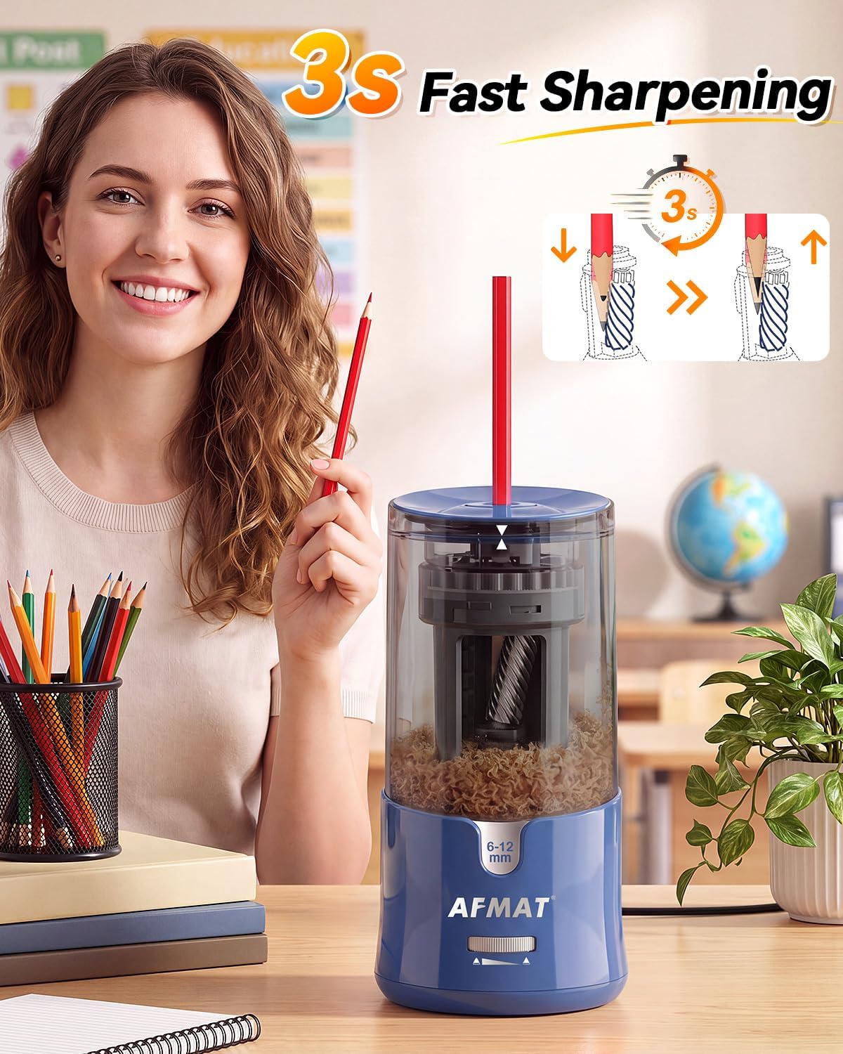 Detalle de AFMAT PS93 Electric Pencil Sharpener for 6–12 mm Pencils, Auto Stop, 2 Settings
