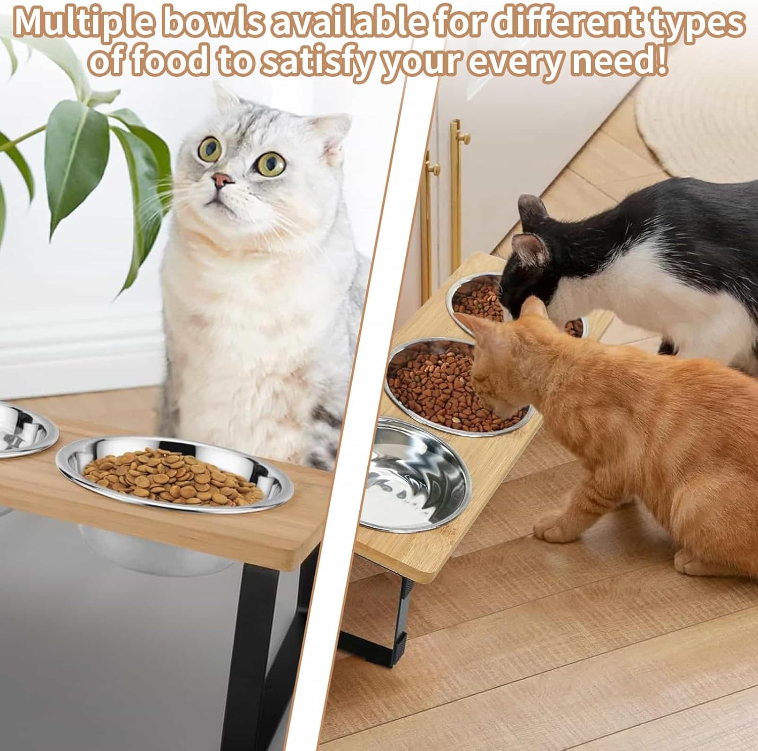 Detalle de Elevated Cat Food Bowls 15° Tilted Stainless Steel Raised Feeding Bowls with Wooden Stand