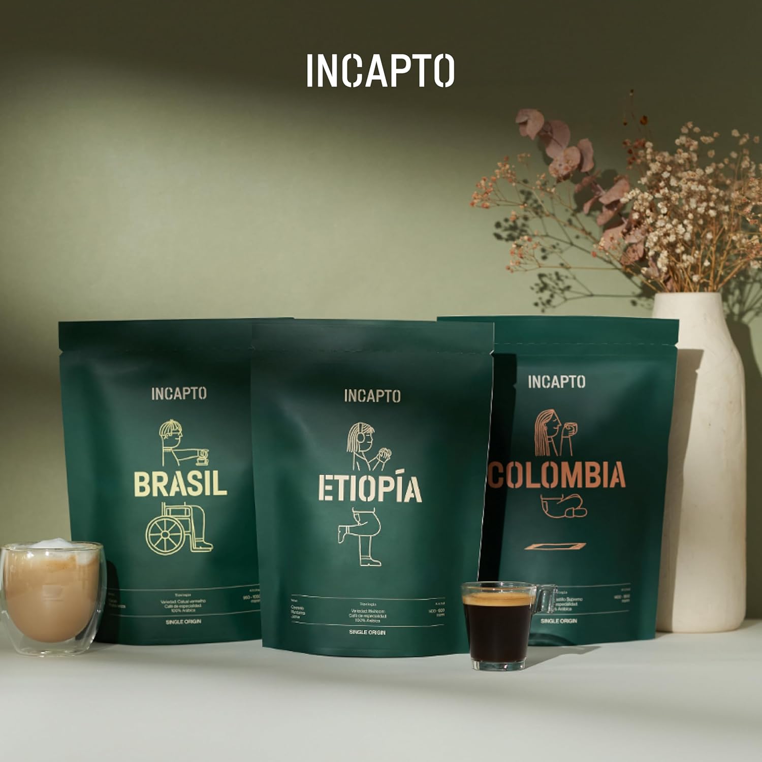 Detalle de Incapto Pack de Cafés Meilleures Ventes – Café en grains nature de spécialité, Origines Colombie, Brésil et Éthiopie, 3 x 500 g