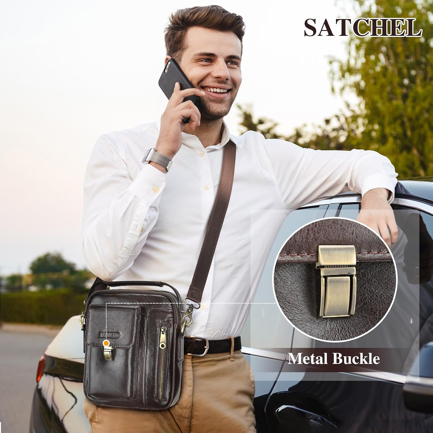 Thumbnail 6 de BAIGIO Borsello uomo in vera pelle a tracolla piccola (borsa messenger per iPad, iPhone e viaggio)