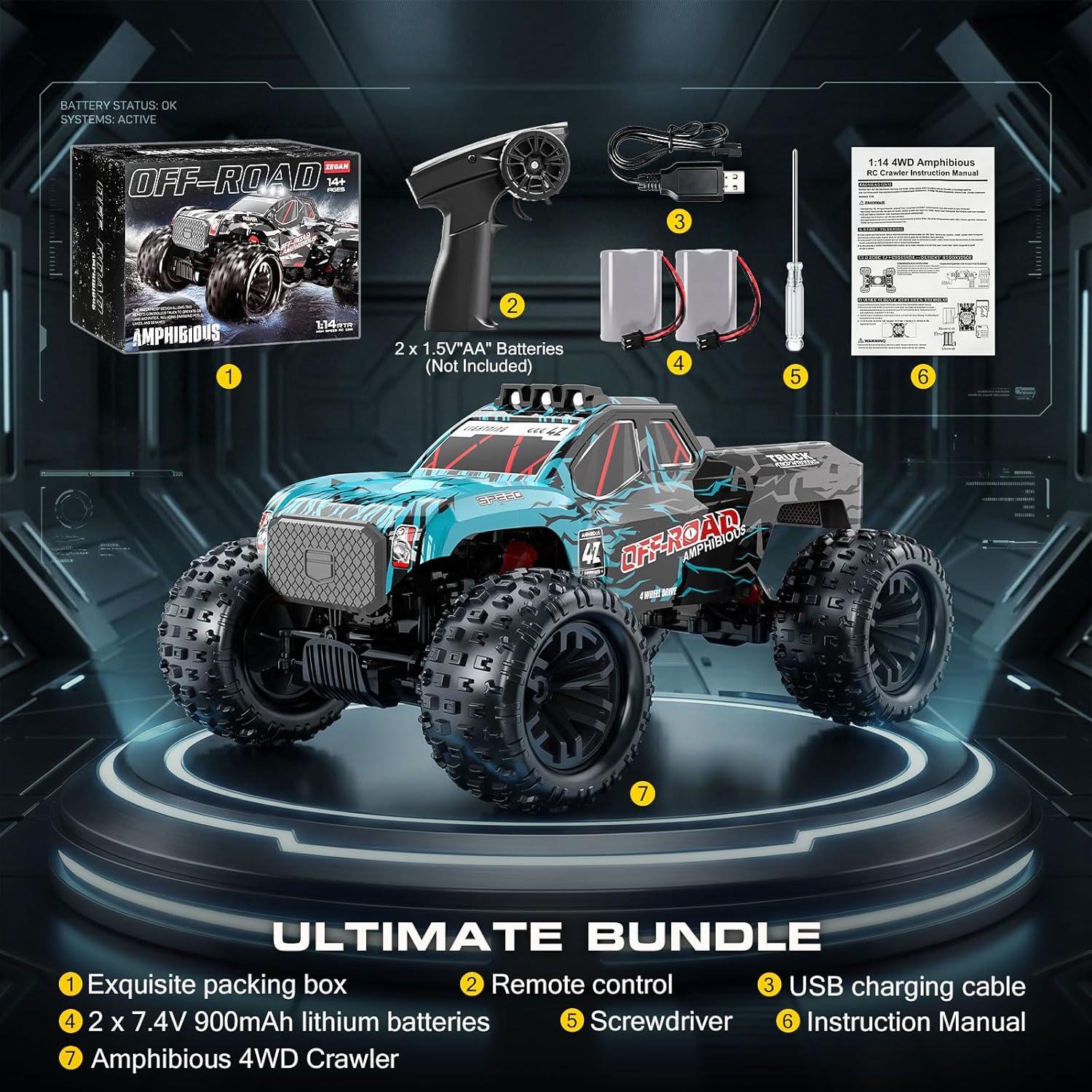 Detalle de YESHIN Voiture télécommandée amphibie 1:14 — 4WD tout-terrain avec 2 batteries et lumière LED
