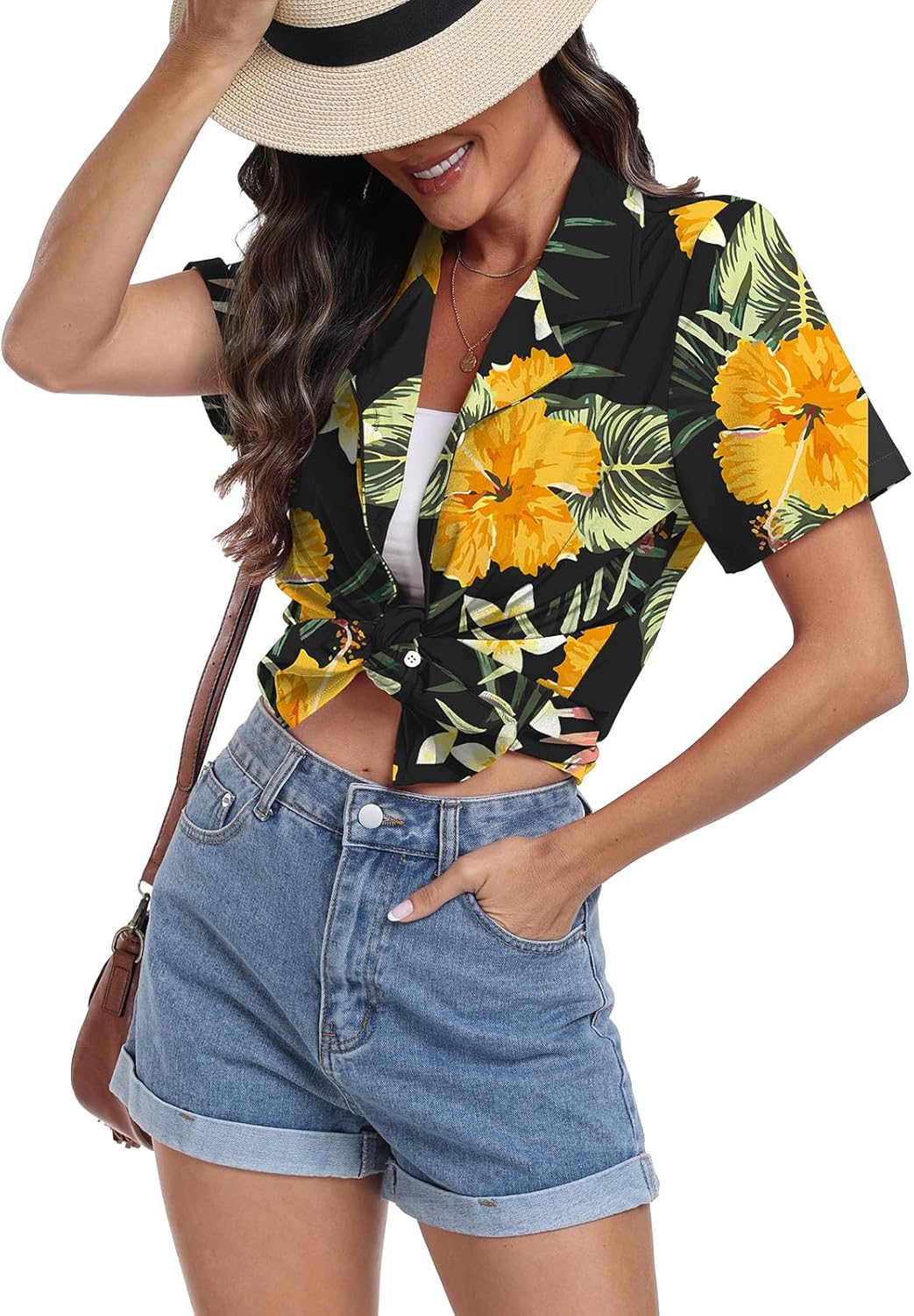 Thumbnail 3 de YUNDAI Women's Hawaiian Short Sleeve Button-Down Shirt with Floral Tropic Print