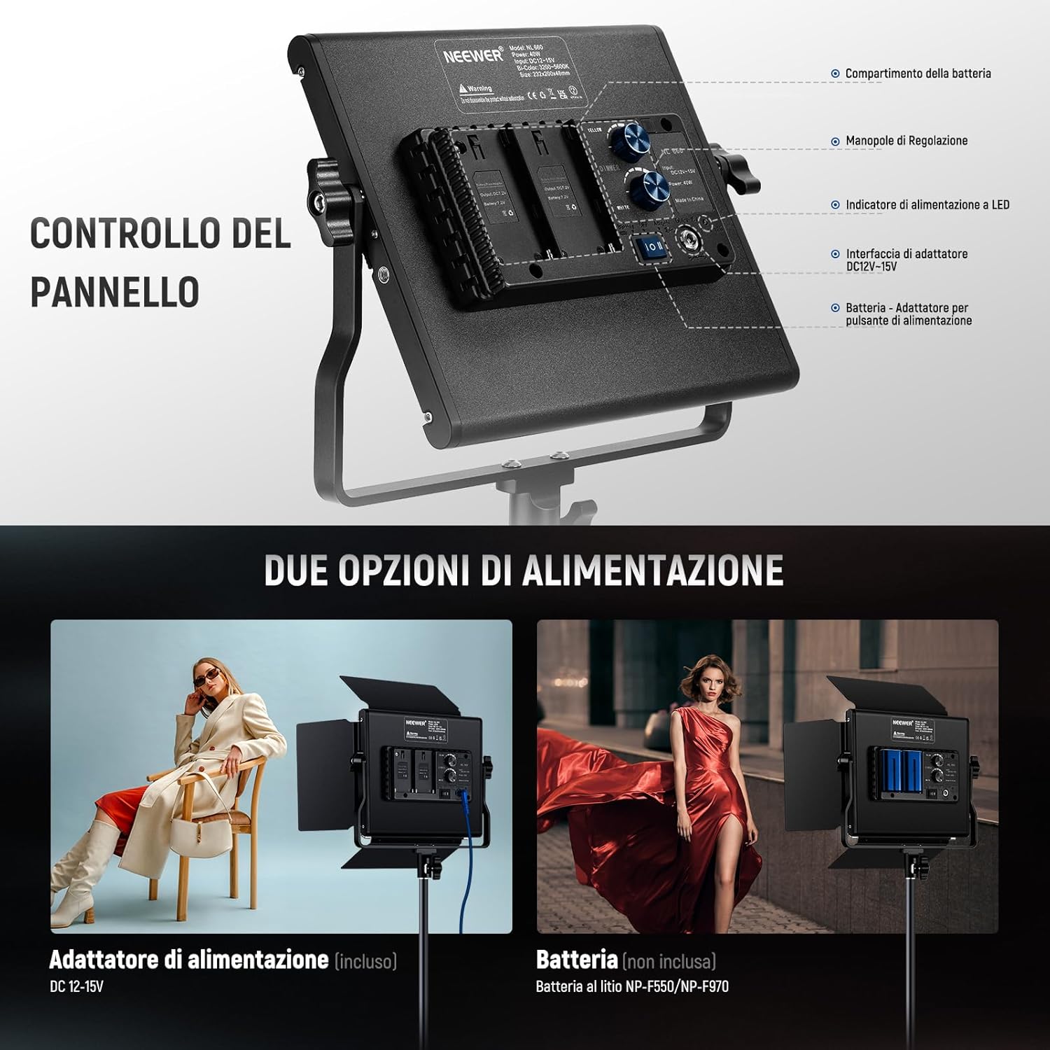 Thumbnail 6 de NEEWER NL660 Luce Studio LED bicolore con stativo paralume, 660 LED 3200K-5600K, dimmer 0-100% e CRI96+