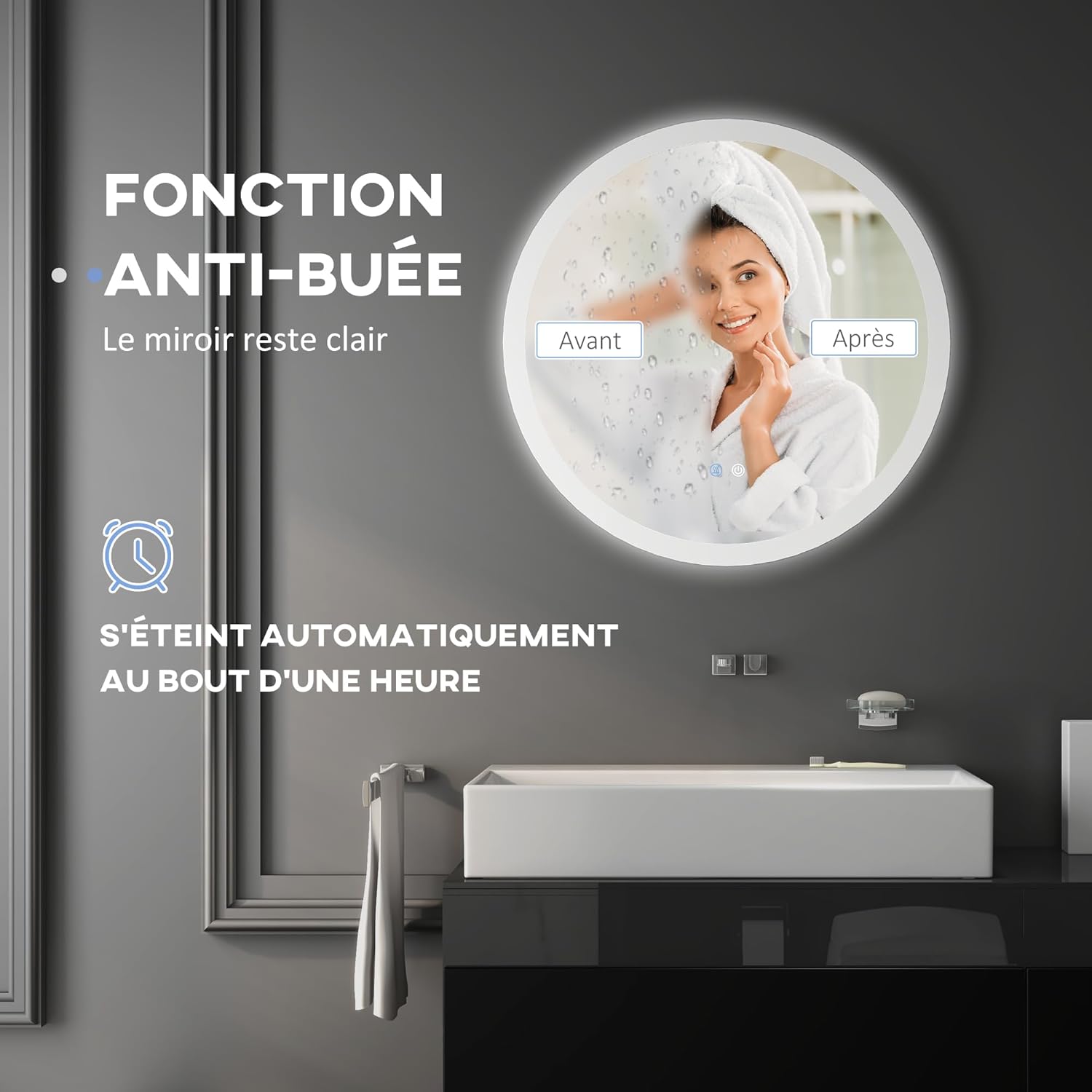 Thumbnail 4 de Kleankin Miroir Rond LED Ø70 cm pour Salle de Bain – anti-buée, éclairage réglable et mémoire