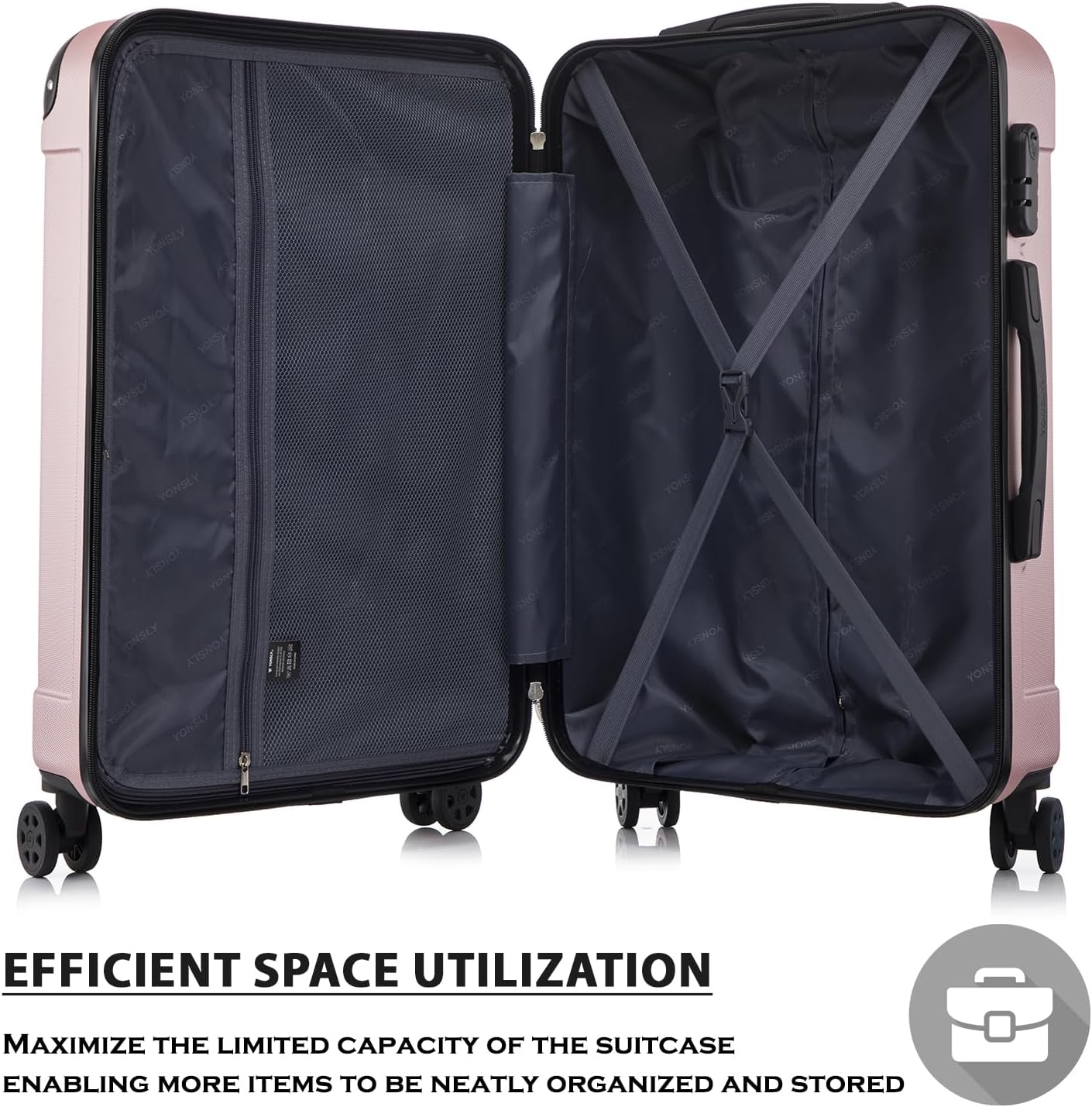 Detalle 2 de YONSLY Trolley Koffer – Hartschalen-Reisekoffer mit 360° Rollen, Zahlenschloss und roségoldem Design (L)