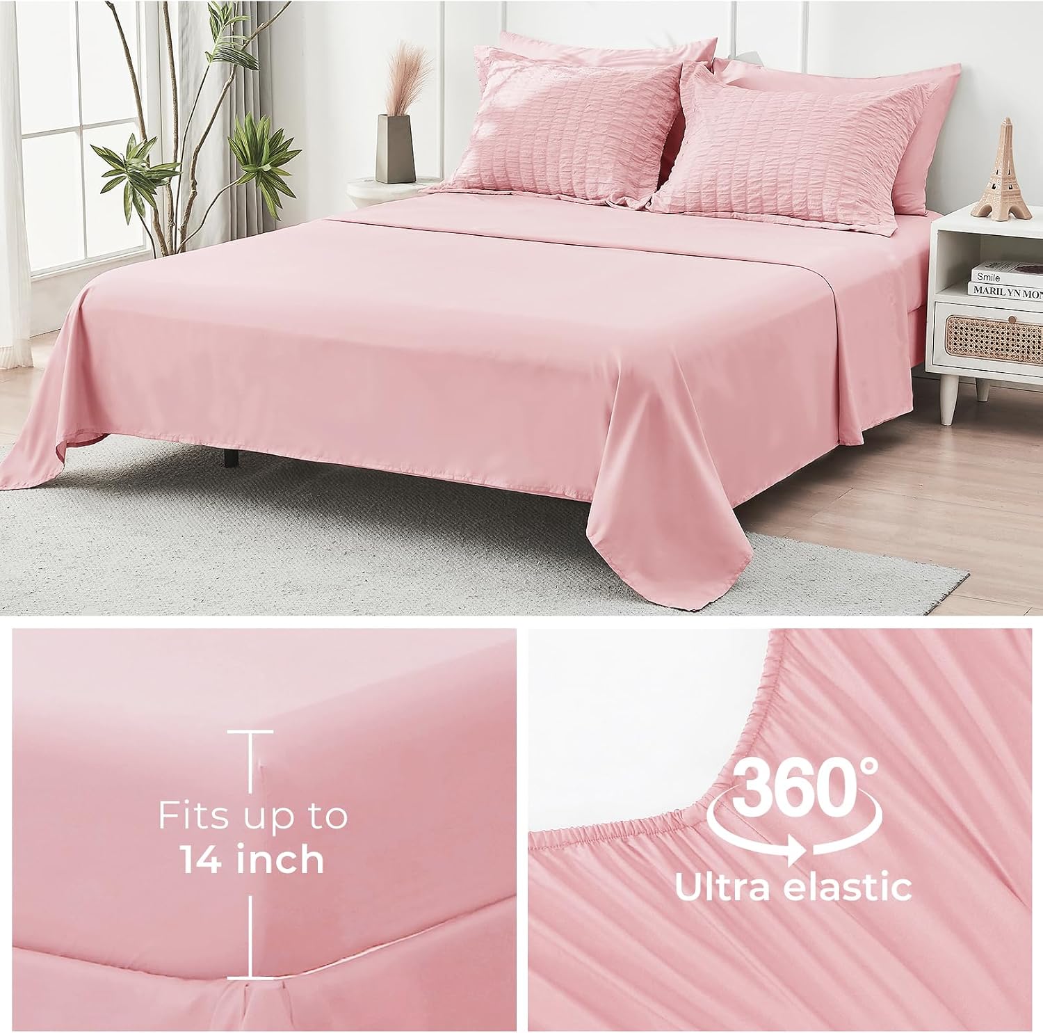 Detalle de HYMOKEGE Queen Seersucker Comforter Set, 7-Piece Pink Microfiber Bedding