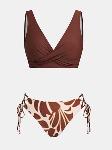 Detalle 2 de CUPSHE Damen Bikini Set Wickeloptik Blumenmuster Low Rise Bordeaux XS – Badespaß mit Stil