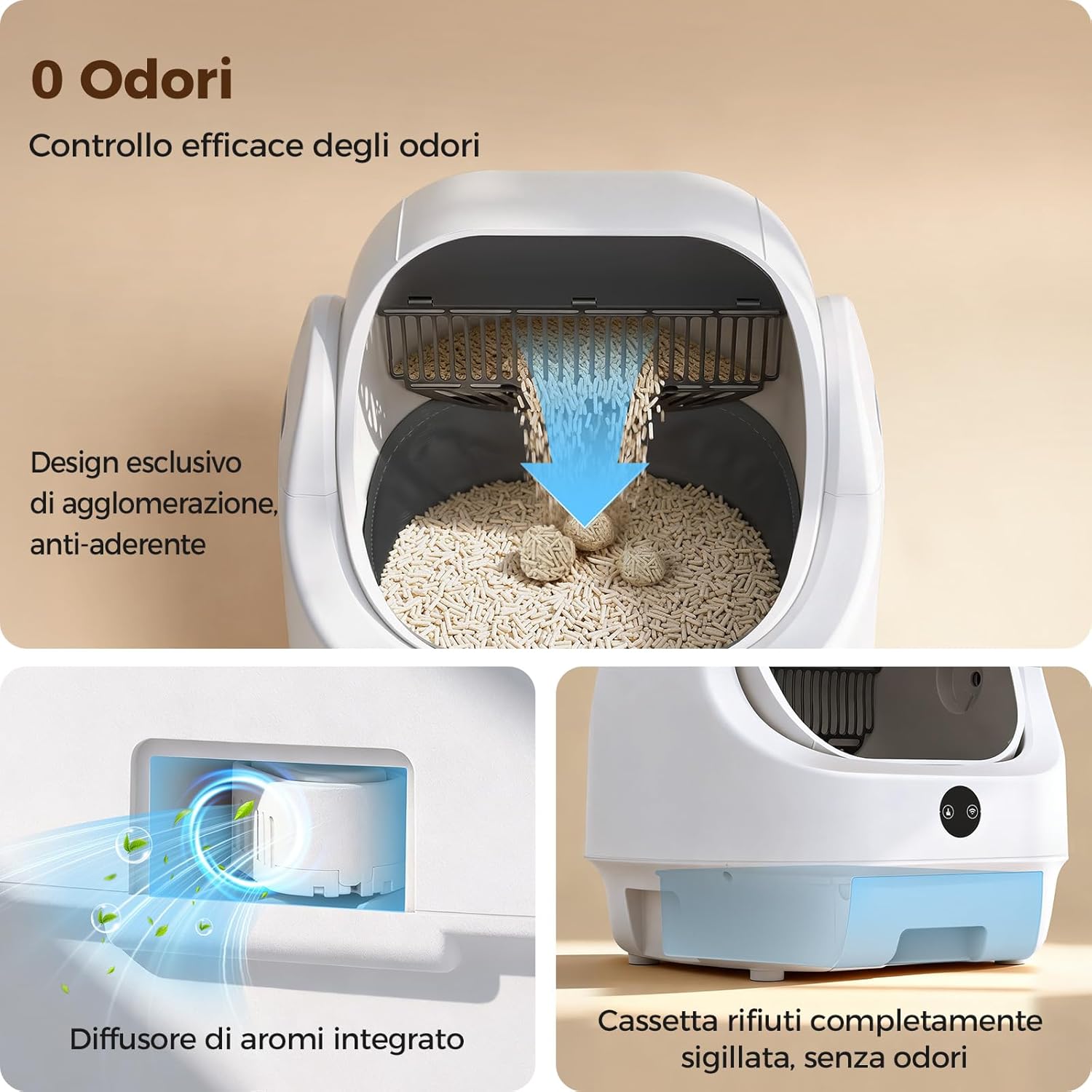 Detalle de Lettiera Gatto Autopulente Aperta Ellenpent: silenziosa, controllabile da app e con gestione degli odori