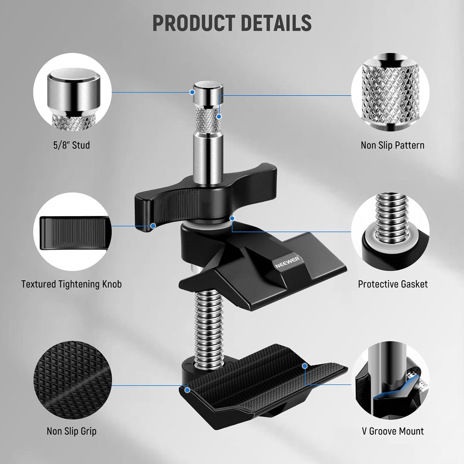 Thumbnail 3 de NEEWER 2" End Jaw Grip Clamp with 5/8" Stud (UA015) for C Stands and Tubular Supports