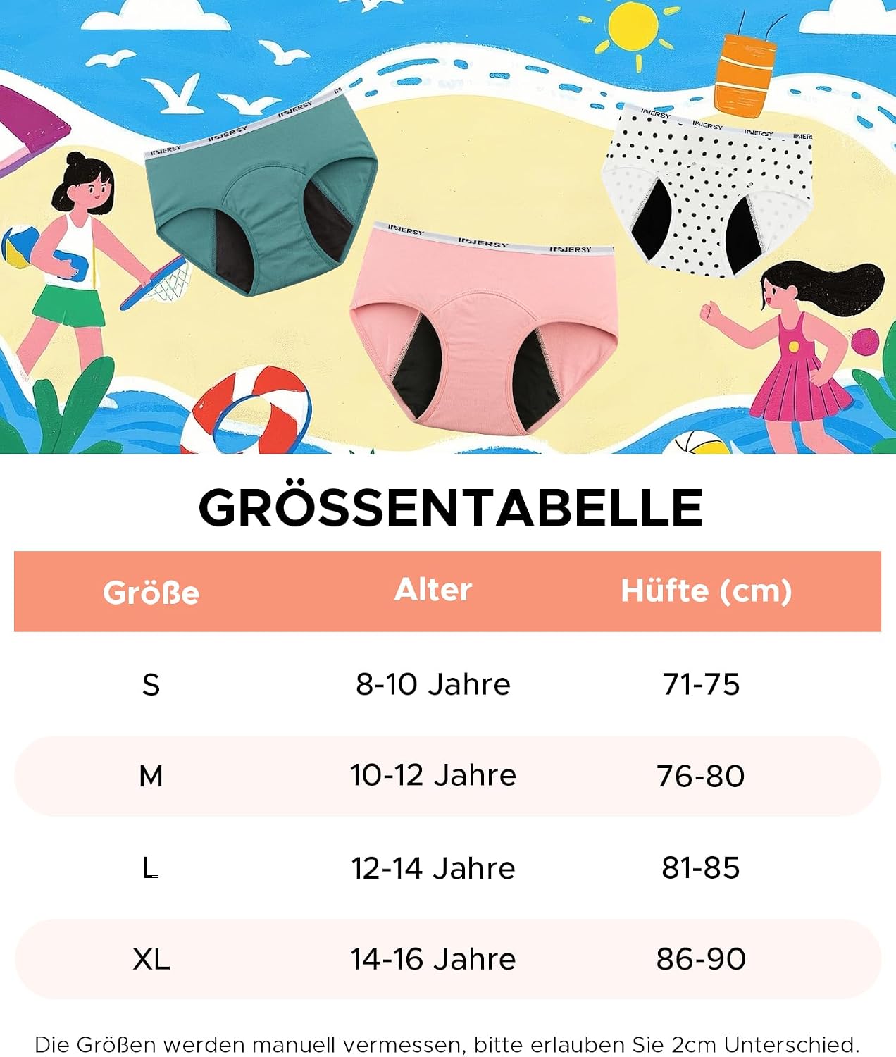 Detalle 2 de INNERSY Menstruationsunterwäsche für Mädchen (3er Pack) aus Baumwolle – Periodenslips für Schule & Sport