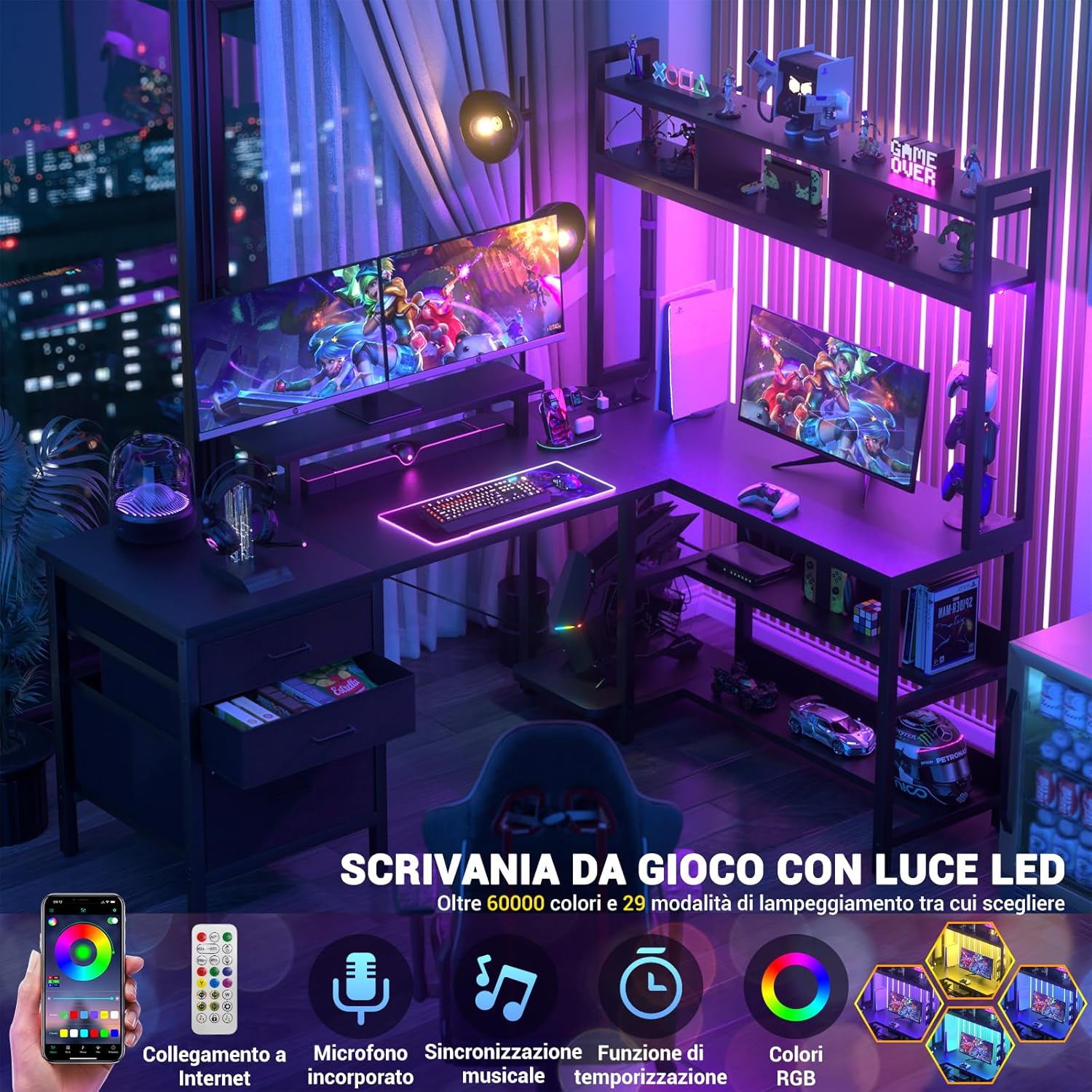 Thumbnail 2 de iSunirm Scrivania portaoggetti con luci LED e presa di corrente — Scrivania da gioco reversibile, 150 x 87 x 150 cm, Nero