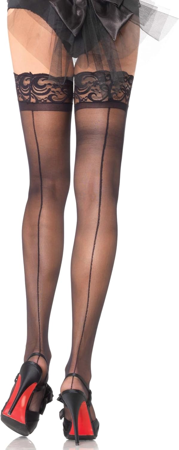 Detalle de Leg Avenue 1042 stay-up-strumpor med söm bak, skir look, svarta