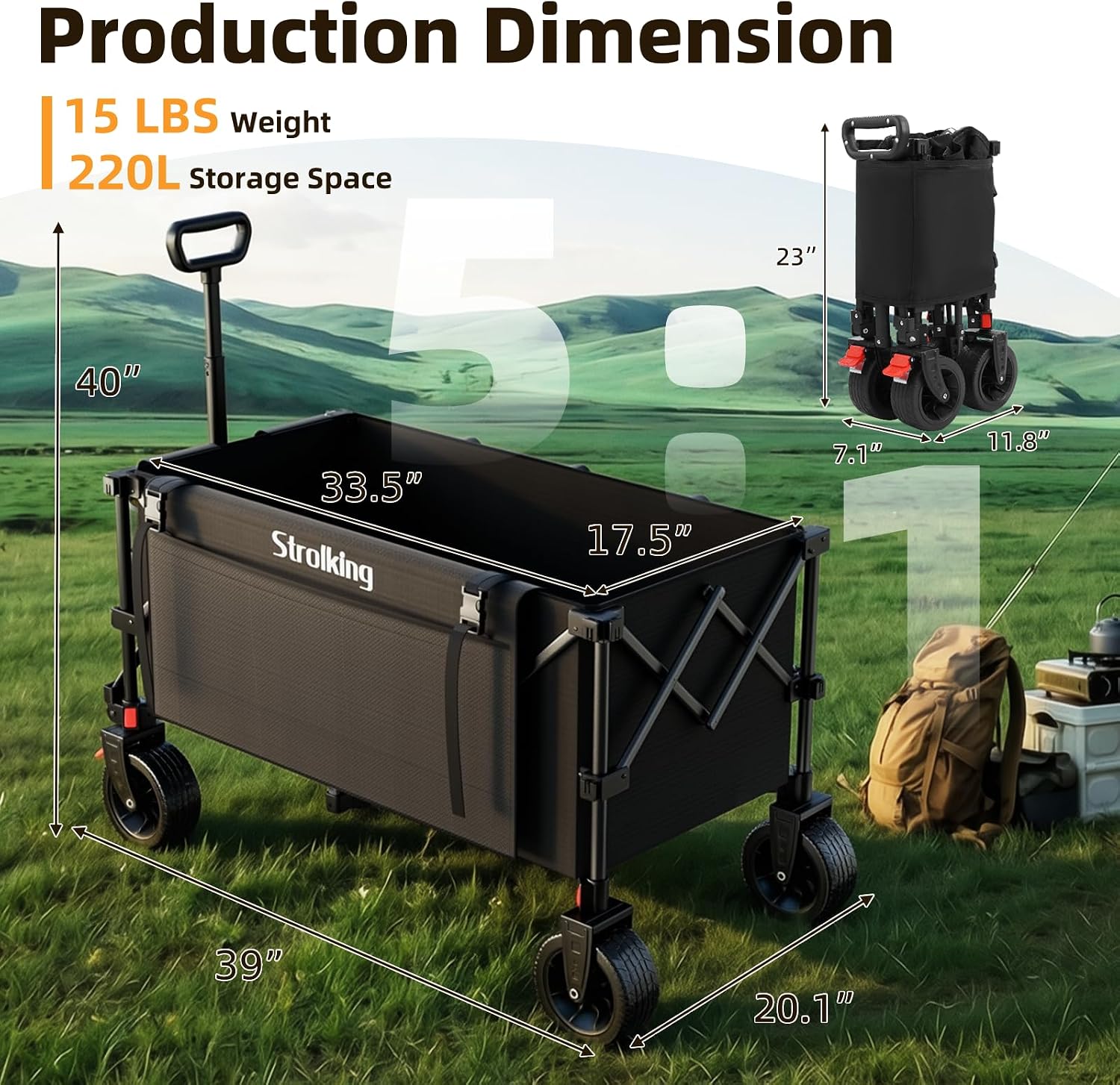 Detalle de Strolking 220L Folding Wagon Cart, 440 lb Capacity, All-Terrain Wheels