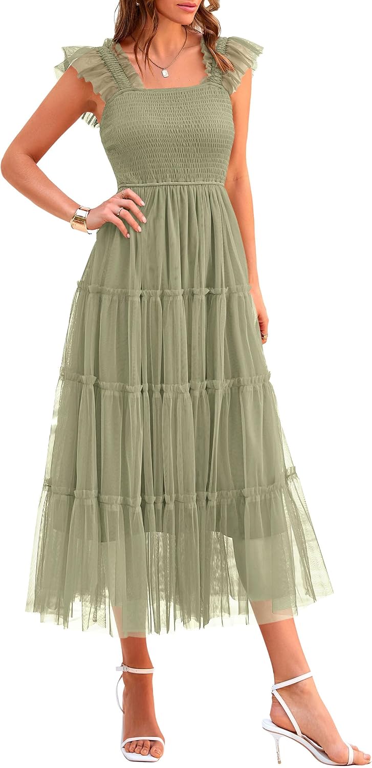 Detalle de PRETTYGARDEN Women's Summer Tulle Midi Dress with Sleeveless Smocked Ruffles