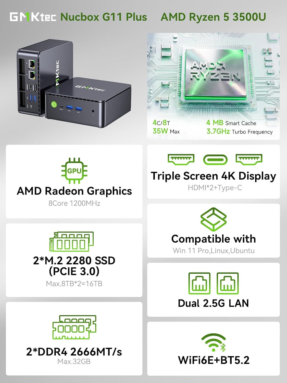 Detalle de GMKtec Mini PC G11 with AMD Ryzen Embedded R2514 (Beats 4300U/N150) — 16GB RAM, 512GB SSD, Dual 2.5GbE, Triple Display Support