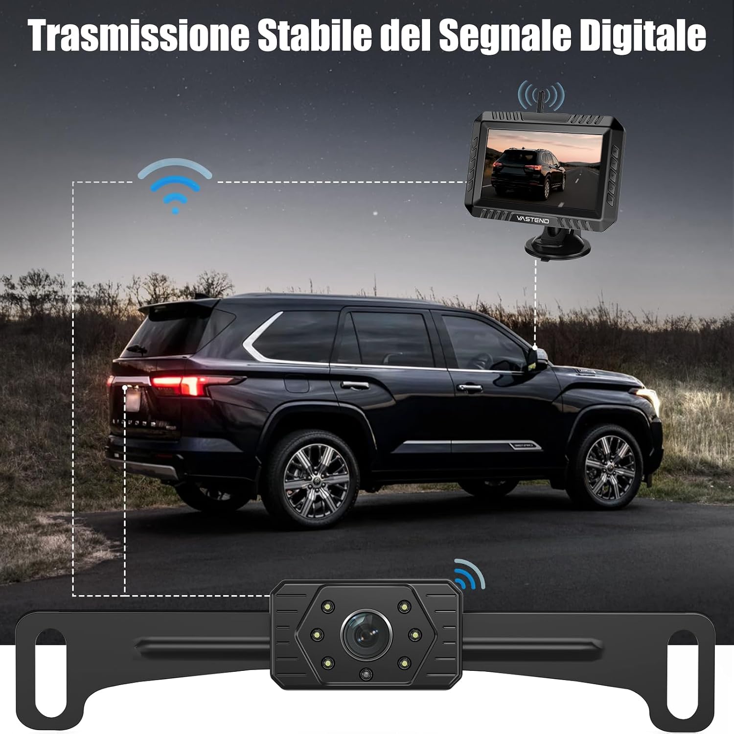 Detalle de Vastend Sistema Wireless Telecamera di Retromarcia con Monitor da 5'' 1080P HD – IP67, Visione Notturna, 200m