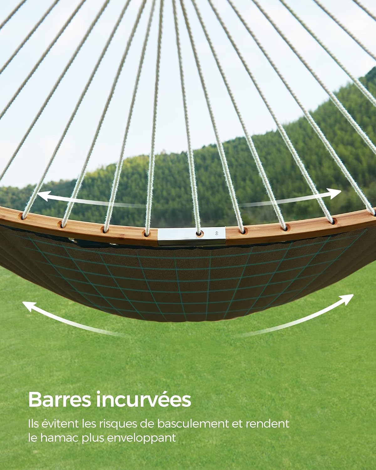 Detalle de Hamac double SONGMICS GDC34CG matelassé 200 x 140 cm, barres incurvées démontables en bambou