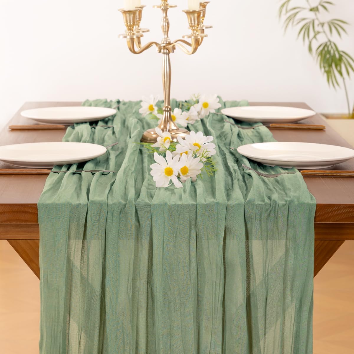 Thumbnail 4 de Socomi 6pcs Sage Green Cheesecloth Table Runner 120in 🏠