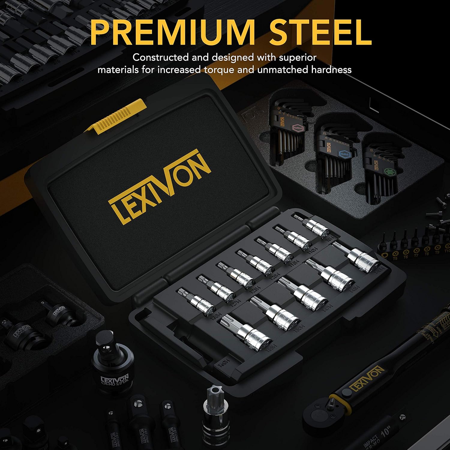 Detalle 2 de LEXIVON LX-146 Tamper Proof Torx Bit Socket Set, 13-Piece – Premium S2 Alloy Steel, Security Star T8–T60