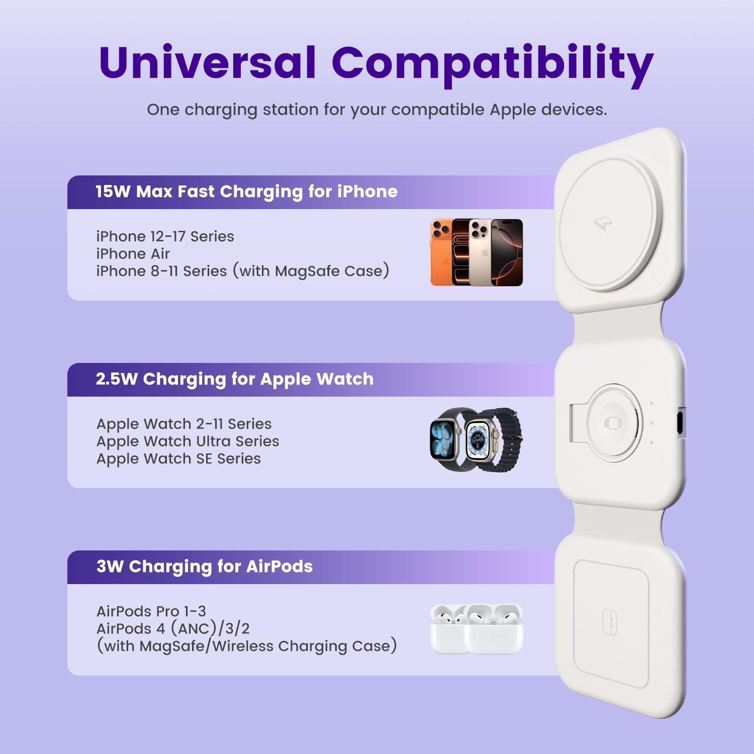 Thumbnail 3 de 15W Magnetic Travel Charging Station: 3-in-1 Foldable MagSafe Charger for iPhone, Watch & AirPods
