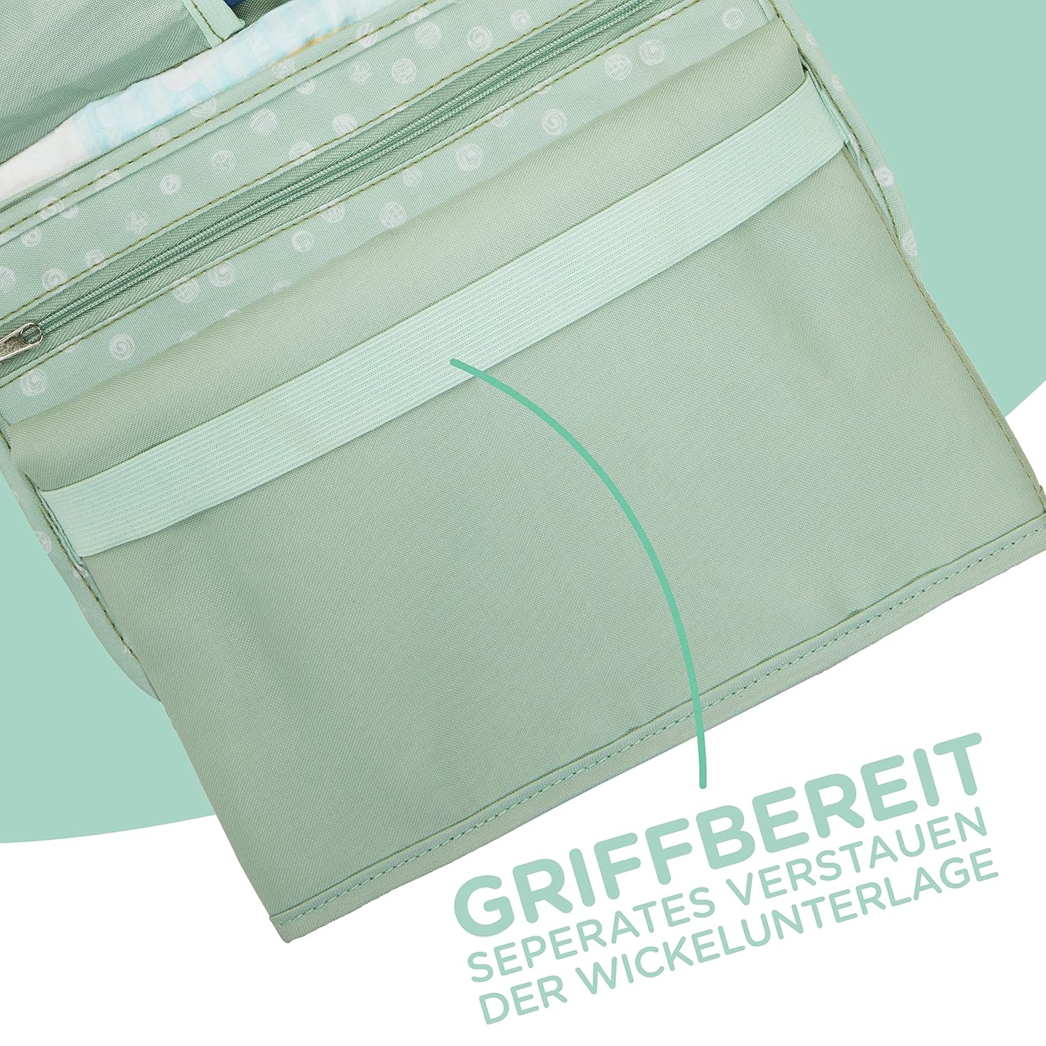 Thumbnail 4 de Jubi Windeltasche mit Wickelunterlage für unterwegs – Mint mit Punkten, Klettverschluss