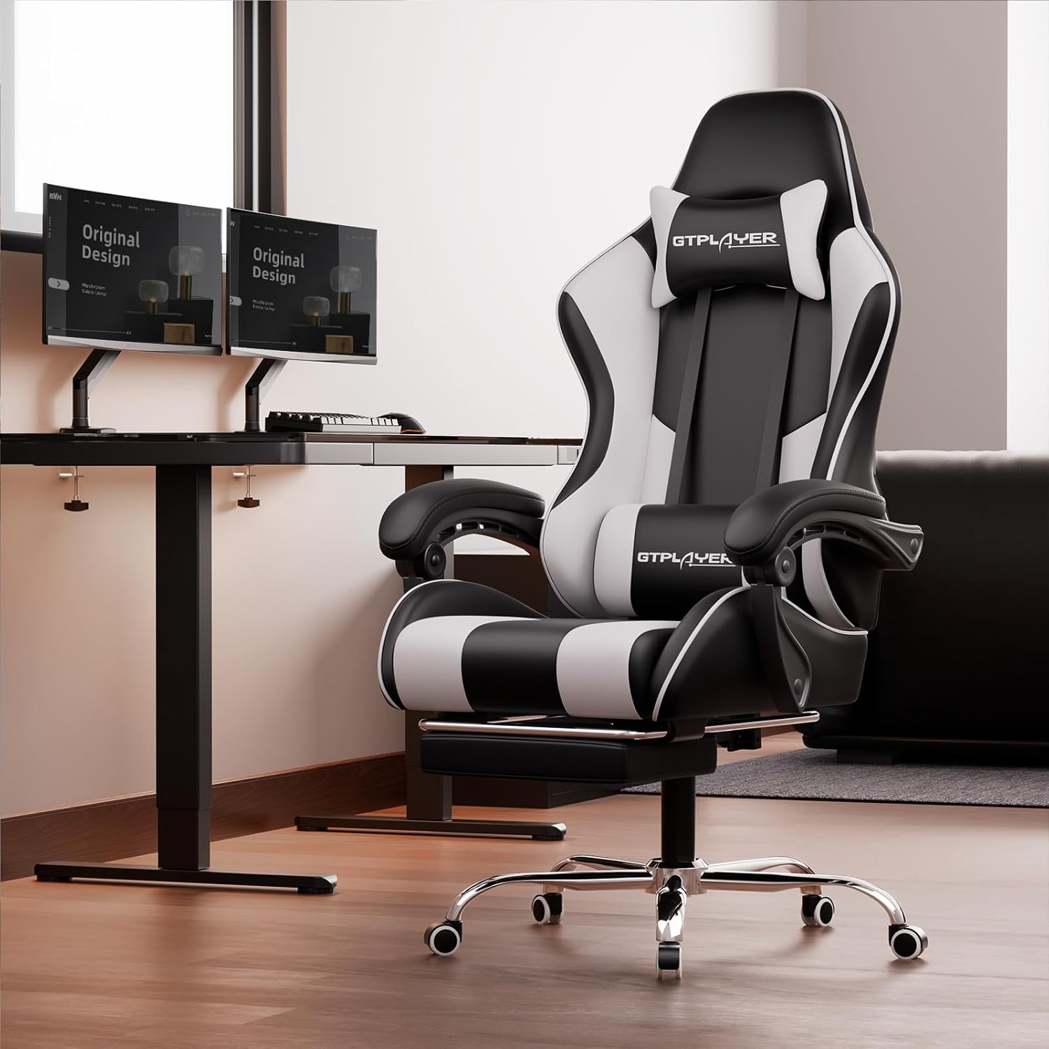 Thumbnail 1 de GTPLAYER sedia da gaming ergonomica bianca con poggiapiedi, supporto lombare massaggiante e schienale reclinabile 90–135°