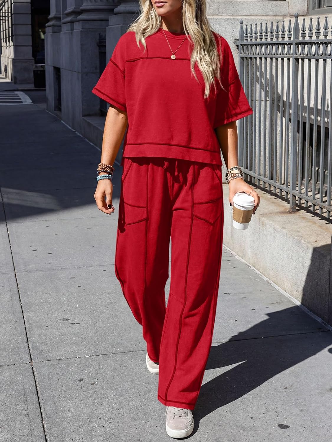 Detalle 2 de Fisoew Women's 2-Piece Lounge Set with Cotton-Blend Top and Wide-Leg Pants