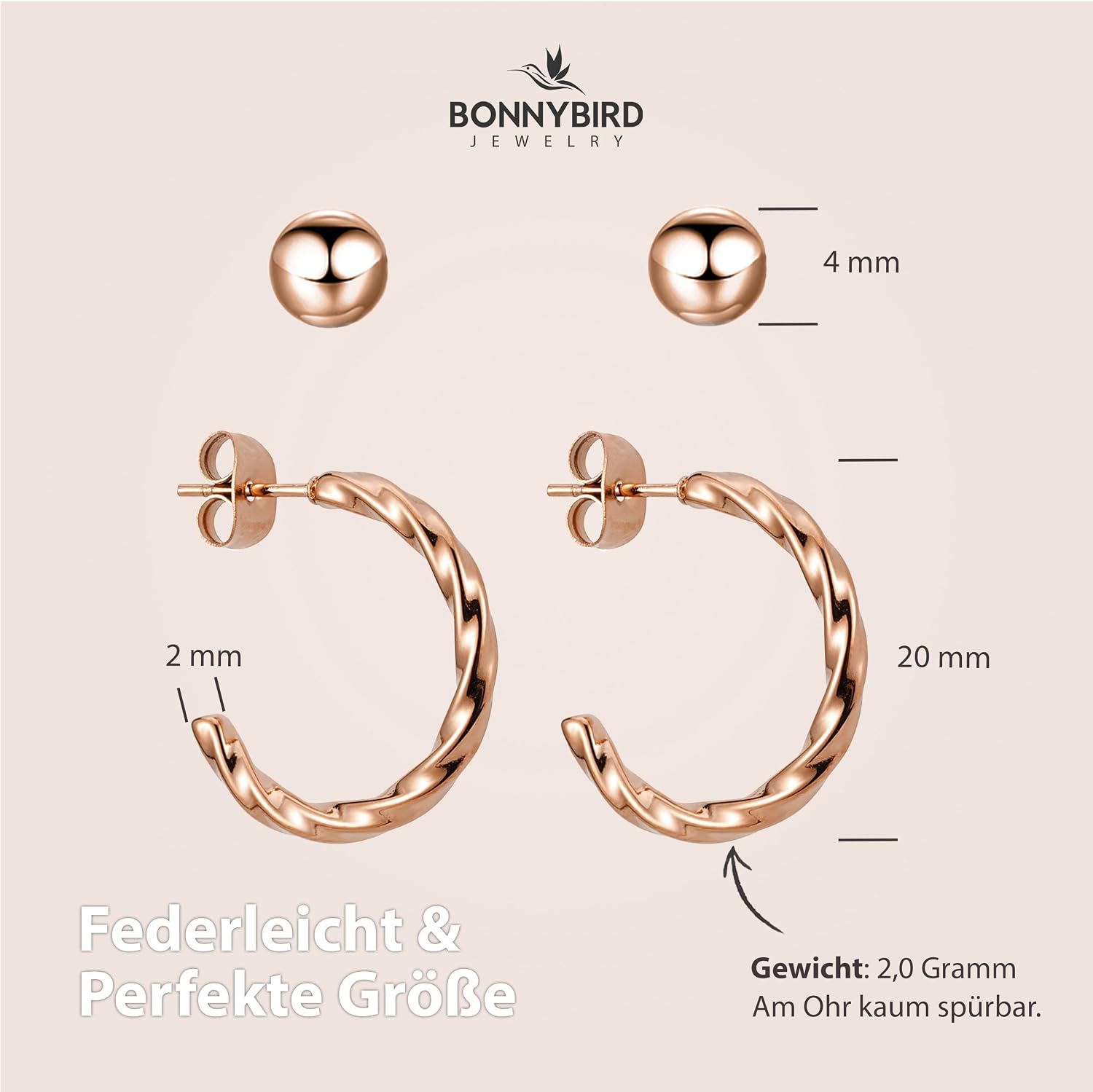 Detalle de BONNYBIRD BonnyTwist Ohrringe aus Edelstahl 316L – wasserfest, hypoallergen, extra leicht (Roségold, Silber, Gold)