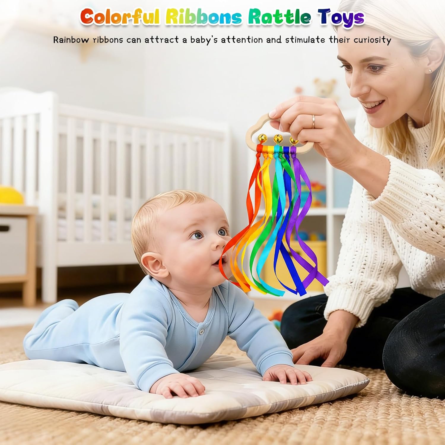 Detalle de Baby Wooden Sensory Rattle Toys Rainbow Ribbons Cloud Ring (2 pieces) with bells