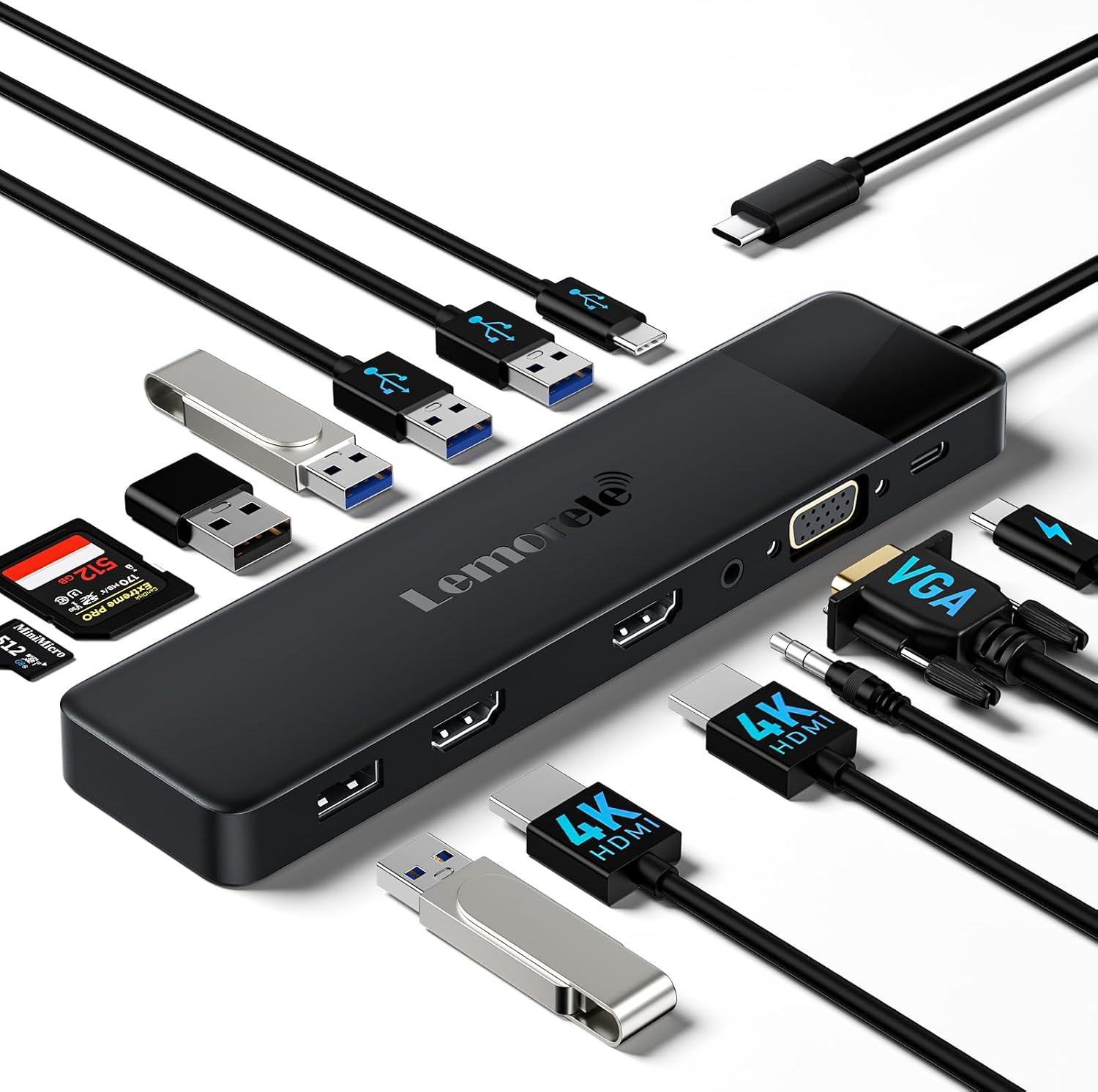 Detalle de Lemorele USB-C Hub 14-in-1 Docking Station: 3 Displays, 100W PD, SD/TF & Audio – kompatibel mit MacBook, Dell und Windows