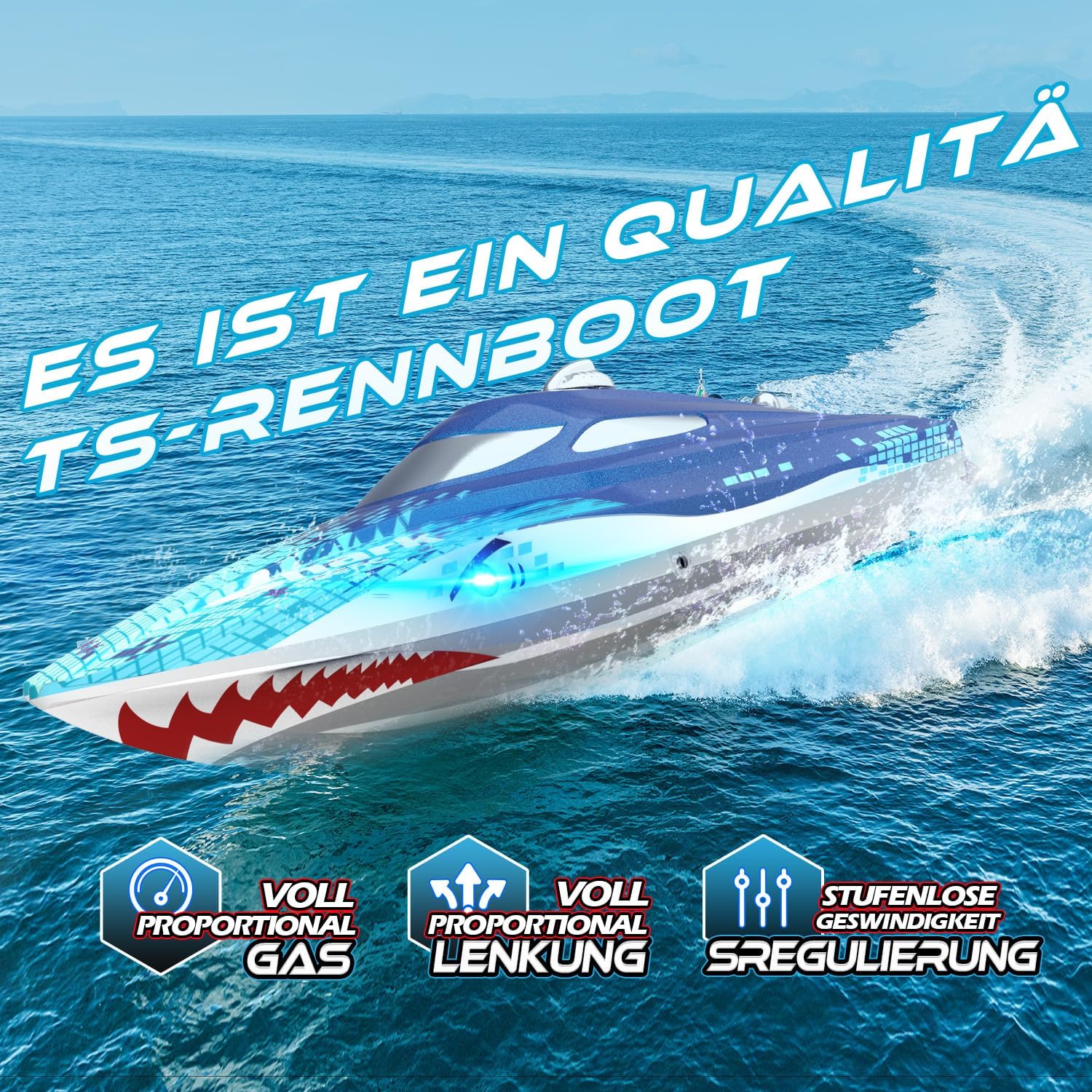 Detalle de DEERC RC Boot HJ812 mit LED-Beleuchtung – ferngesteuertes Haifischboot für Pool & See (2,4 GHz)