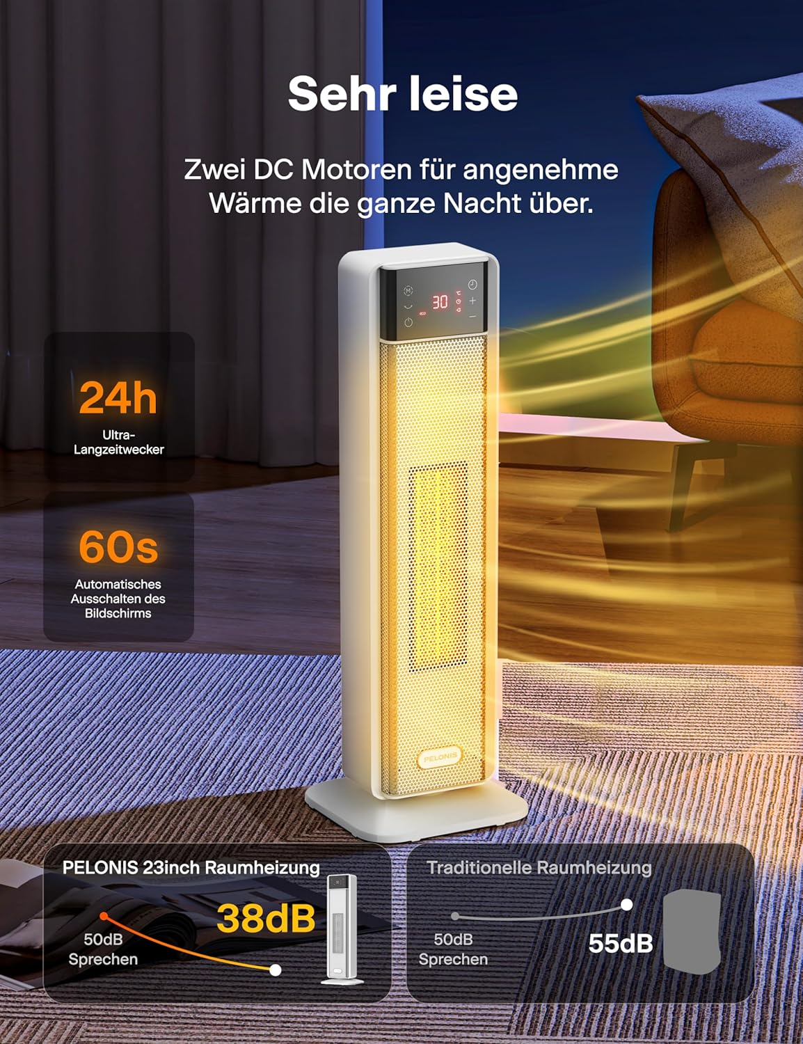 Detalle 1 de PELONIS Keramik-Heizlüfter 2000 W mit Fernbedienung & Thermostat – leise, 75° Oszillation, 24h Timer