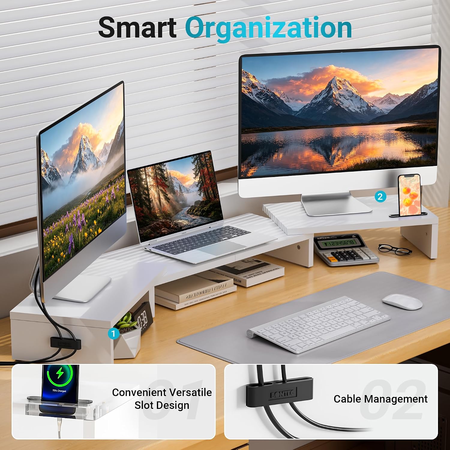 Thumbnail 4 de BONTEC Triple Monitor Stand Riser, White Wood, Adjustable 32.3–53.3 in