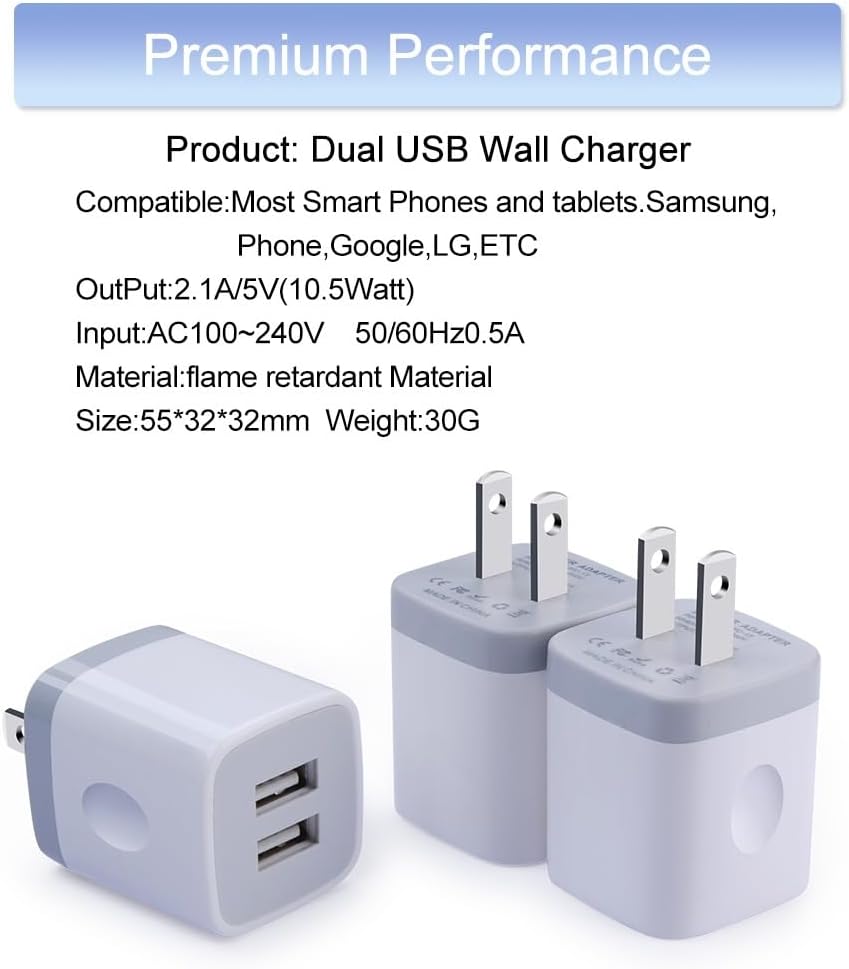 Thumbnail 2 de Eusbote Dual-Port USB Wall Charger, 2.1A, 10W, 3-Pack in White