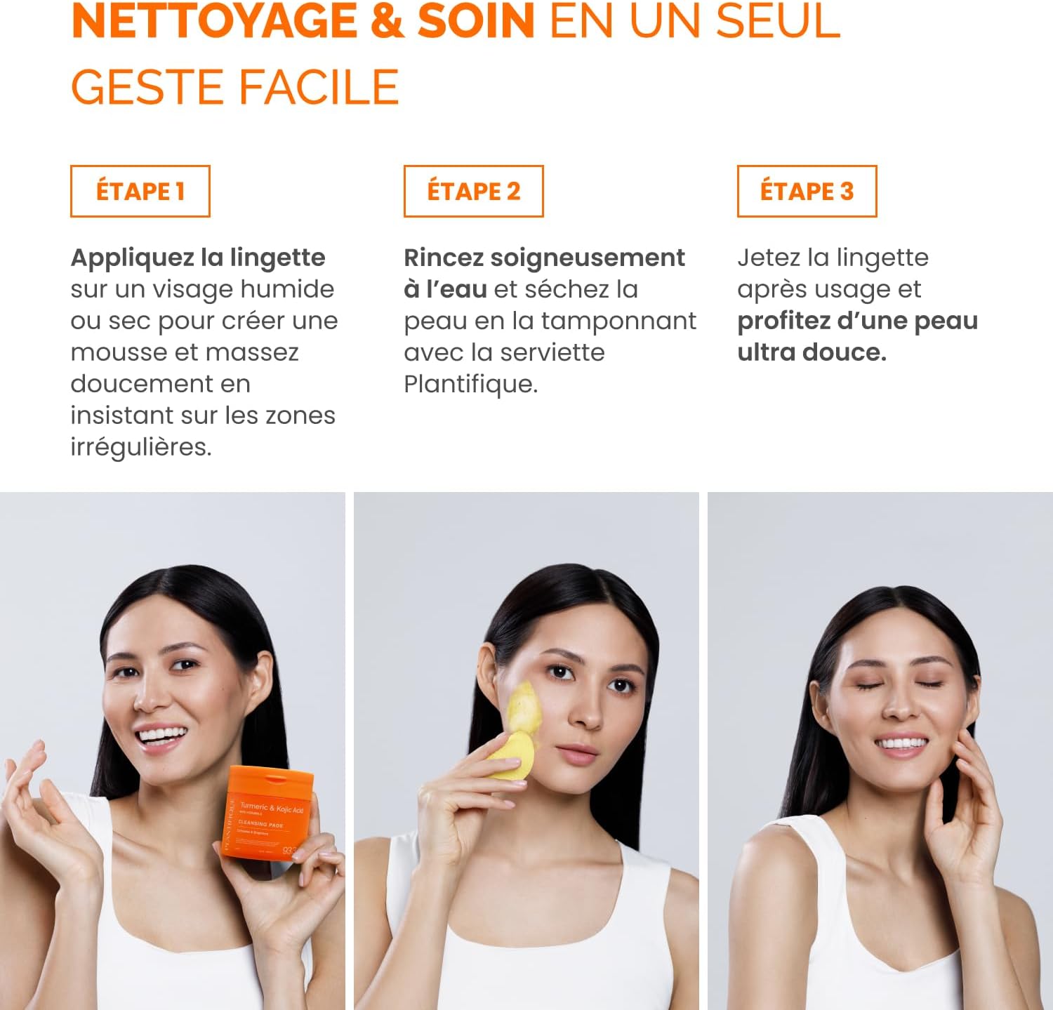 Detalle de PLANTIFIQUE Disques Nettoyants au Curcuma et Acide Kojique avec Céramides, Niacinamide et Vitamine C – 60 Disques Exfoliants Visage