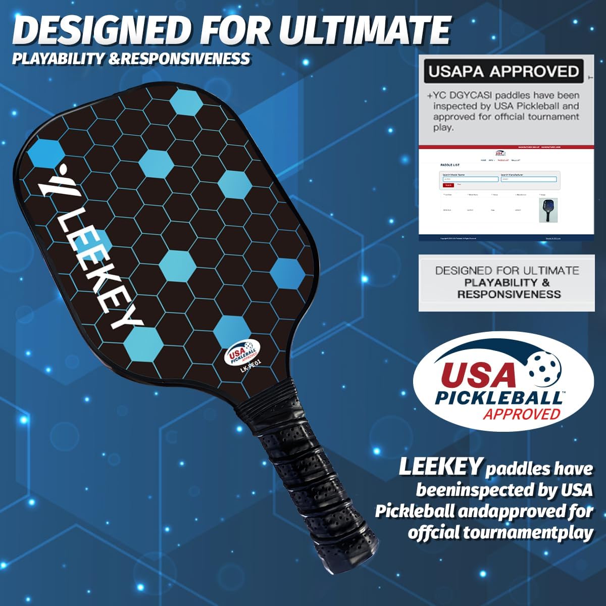Detalle de LEEKEY Pickleball Paddles Set of 2 – USAPA Approved Fiberglass Paddles with Polypropylene Core