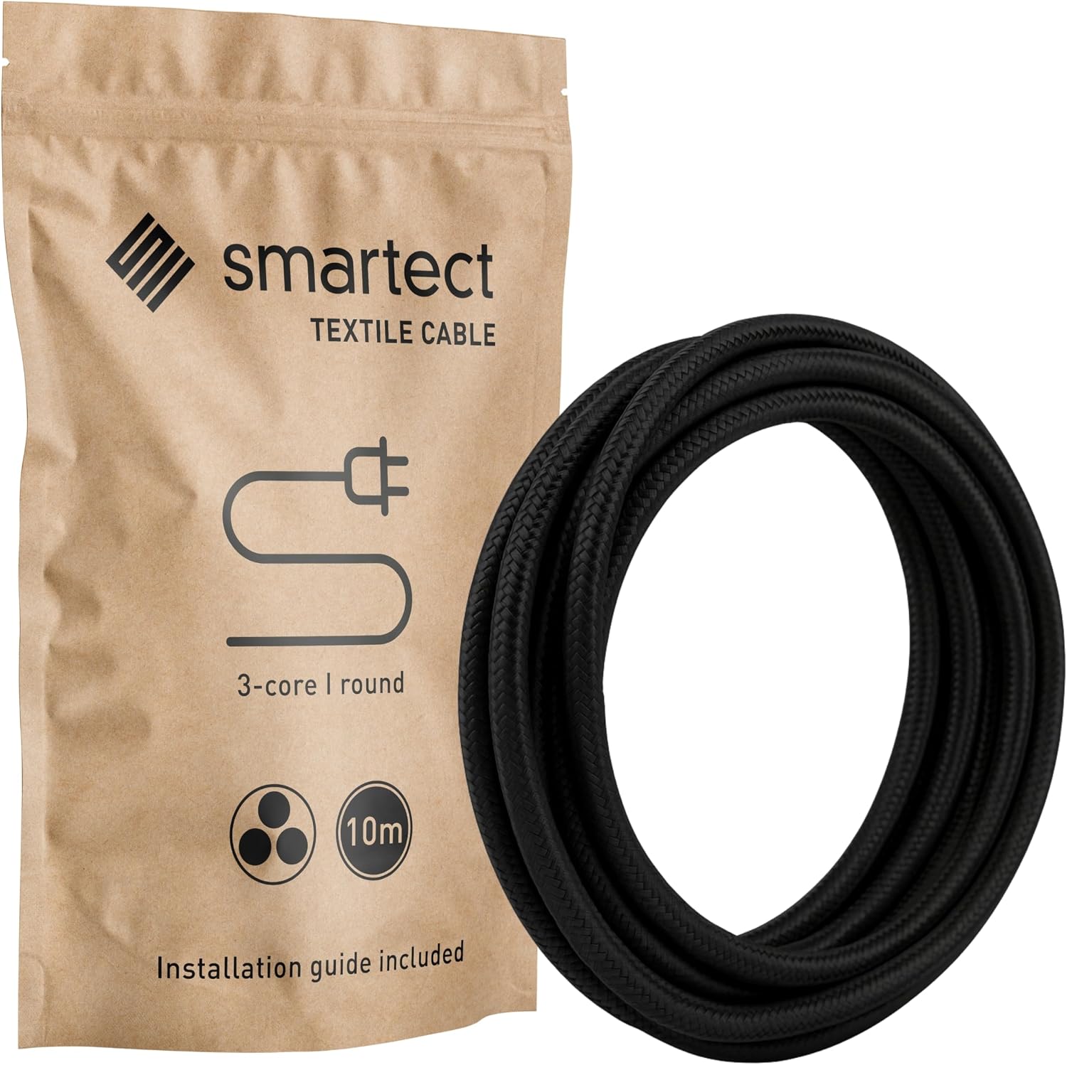 Detalle de smartect 10 M textielkabel voor lampen, 3-aderig, zwart, 10 meter