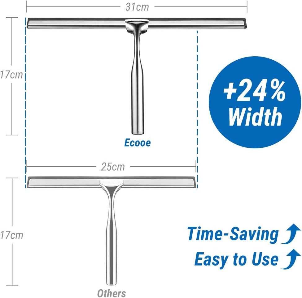 Thumbnail 1 de ecoee Raclette de douche vitrée en acier inox, 31 cm avec crochet sans perçage et 2 recharges en silicone