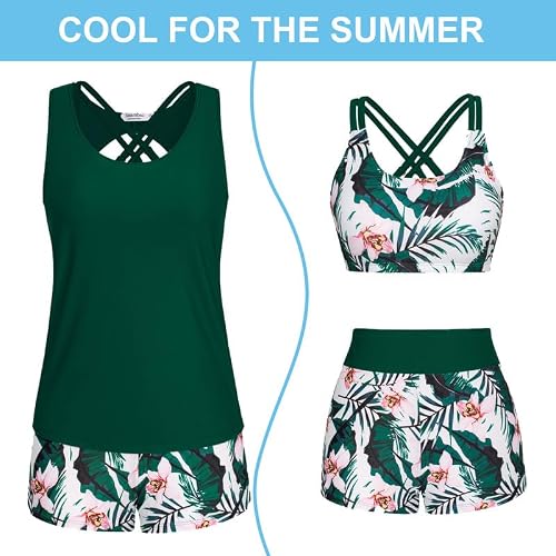 Detalle 2 de JASAMBAC 3-teiliger Tankini Damen Set – Bauchweg Push-Up Oberteil, High-Waist Badeshorts und flexibles Oberteil
