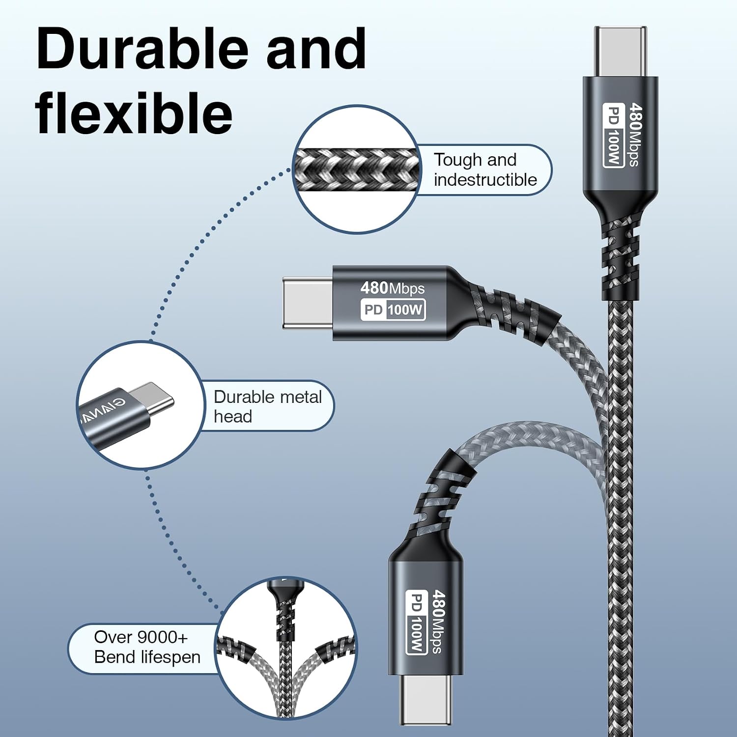 Detalle 2 de Cable USB C a USB C 100W 2M 2 unidades