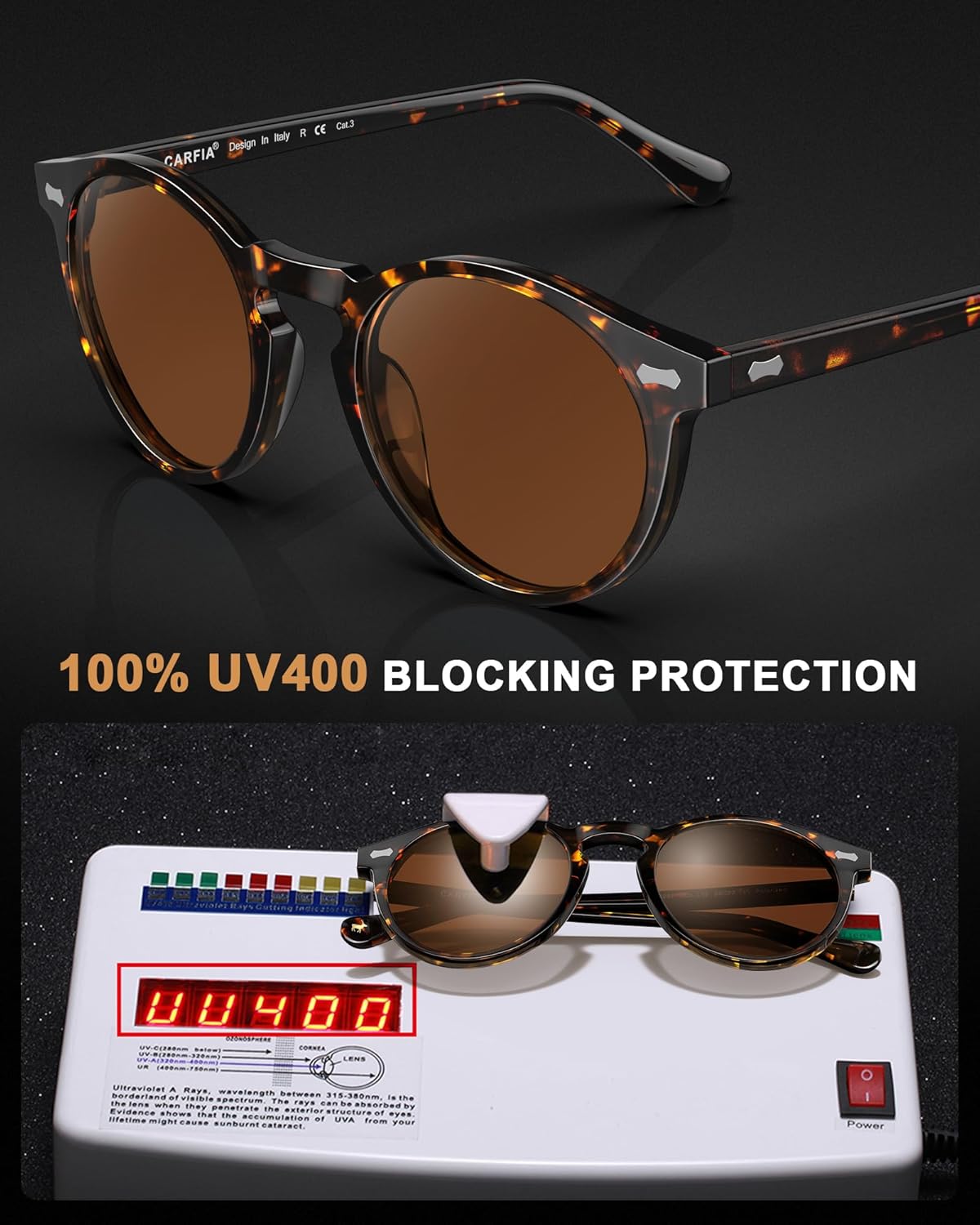 Thumbnail 6 de CARFIA Men’s Round Polarised Vintage Sunglasses with UV400 Protection (for driving & travel)