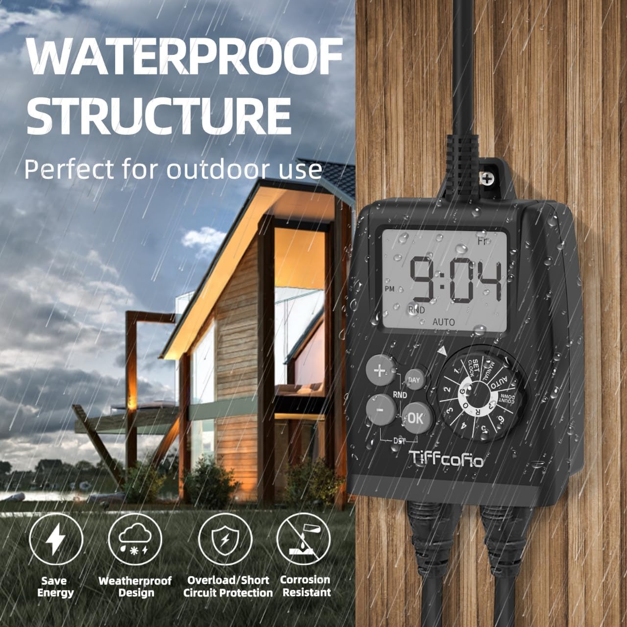 Detalle de TiFFCOFiO TF-261B Digital Outdoor Timer Outlet, 2 Grounded Outlets