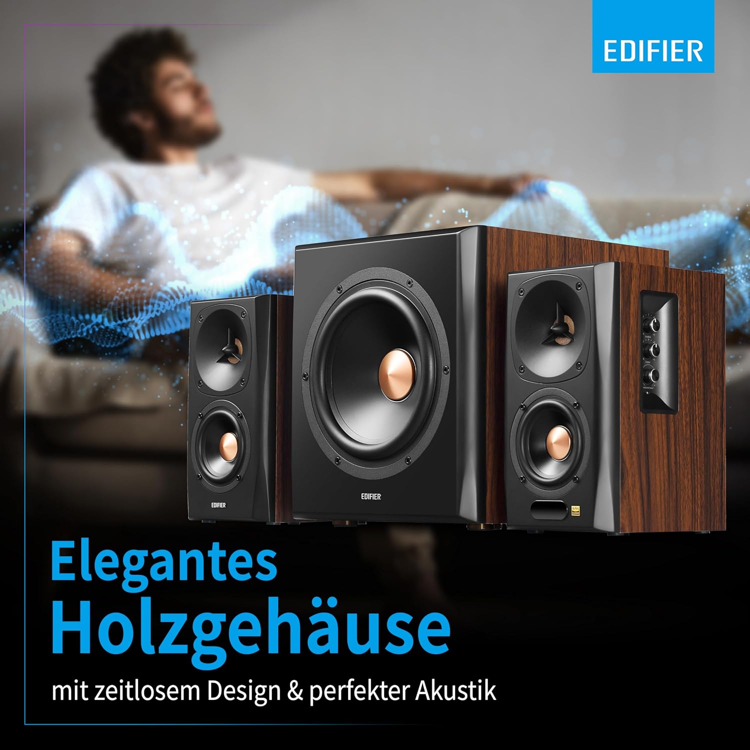 Detalle de Edifier S360DB 2.1 Regallautsprecher mit Subwoofer – Bluetooth 5.1 aptX, kabelloser Sound für Büro, Wohnzimmer und kleine Räume