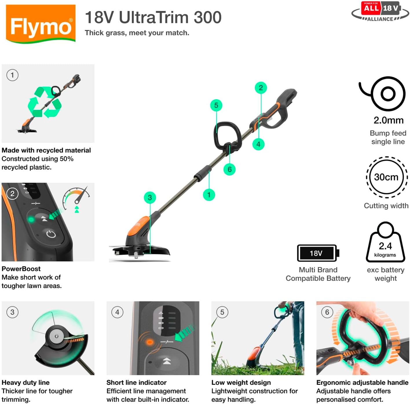 Thumbnail 1 de Flymo 18V UltraTrim 300 Cordless Grass Trimmer with 30cm cutting width and adjustable handle